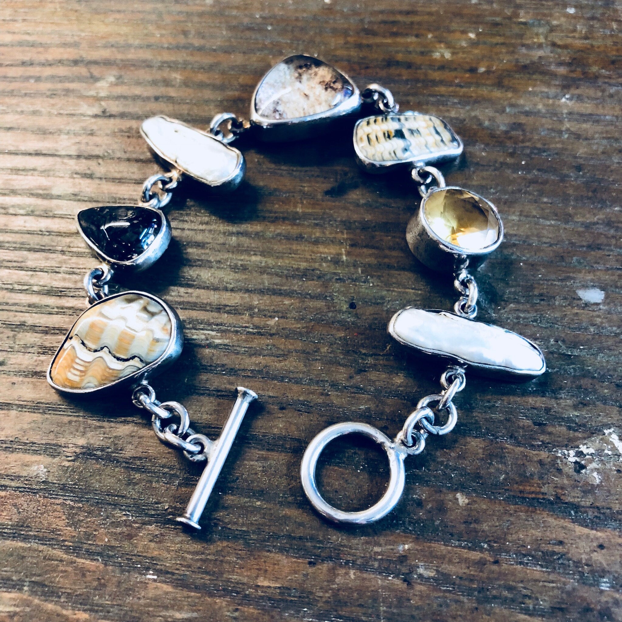 Echo of The Dreamer Bracelet, Sterling Silver, Toggle Bracelet, Vintage Jewelry, Pearl, Citrine, Natural Stones, Designer Jewelry, Rare