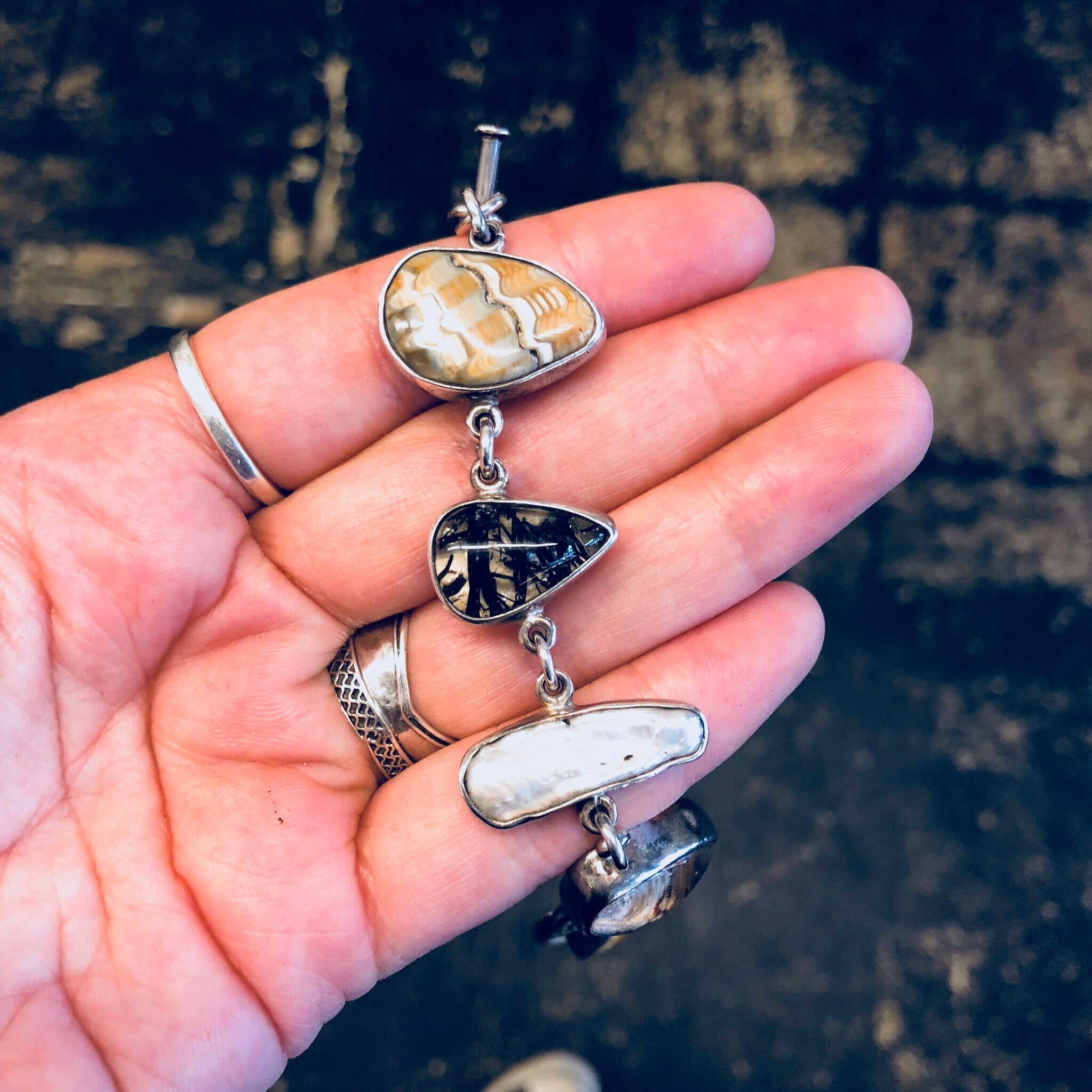 Echo of The Dreamer Bracelet, Sterling Silver, Toggle Bracelet, Vintage Jewelry, Pearl, Citrine, Natural Stones, Designer Jewelry, Rare