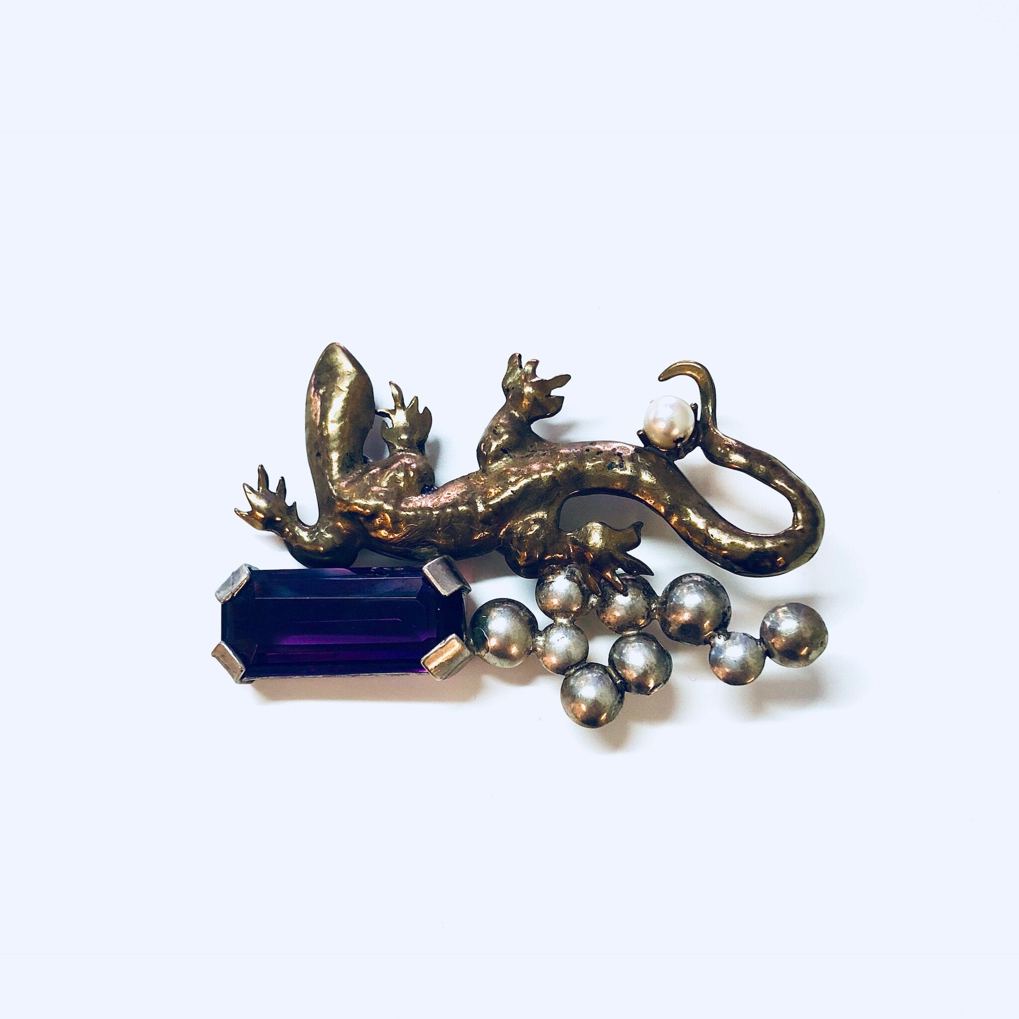 Vintage Brooch, Gold Toned Brooch, Costume Jewelry, Vintage Pin, Lizard Brooch, Purple Gemstone, Silvertone, Vintage Jewelry, VB, Statement