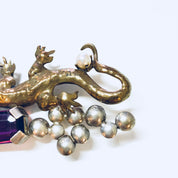Vintage Brooch, Gold Toned Brooch, Costume Jewelry, Vintage Pin, Lizard Brooch, Purple Gemstone, Silvertone, Vintage Jewelry, VB, Statement