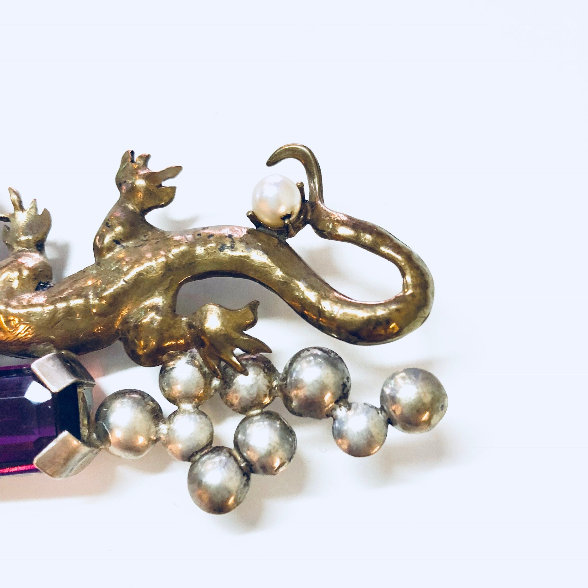 Vintage Brooch, Gold Toned Brooch, Costume Jewelry, Vintage Pin, Lizard Brooch, Purple Gemstone, Silvertone, Vintage Jewelry, VB, Statement