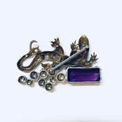 Vintage Brooch, Gold Toned Brooch, Costume Jewelry, Vintage Pin, Lizard Brooch, Purple Gemstone, Silvertone, Vintage Jewelry, VB, Statement