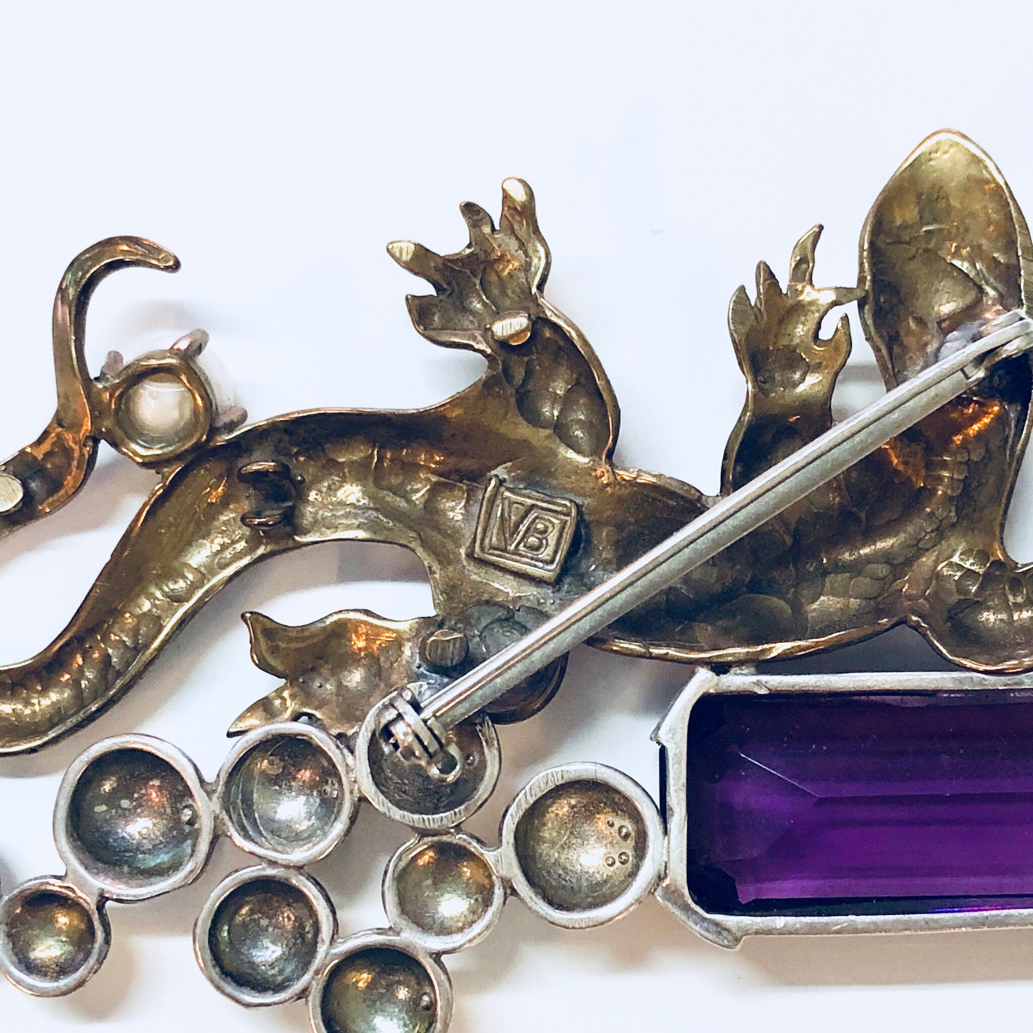 Vintage Brooch, Gold Toned Brooch, Costume Jewelry, Vintage Pin, Lizard Brooch, Purple Gemstone, Silvertone, Vintage Jewelry, VB, Statement
