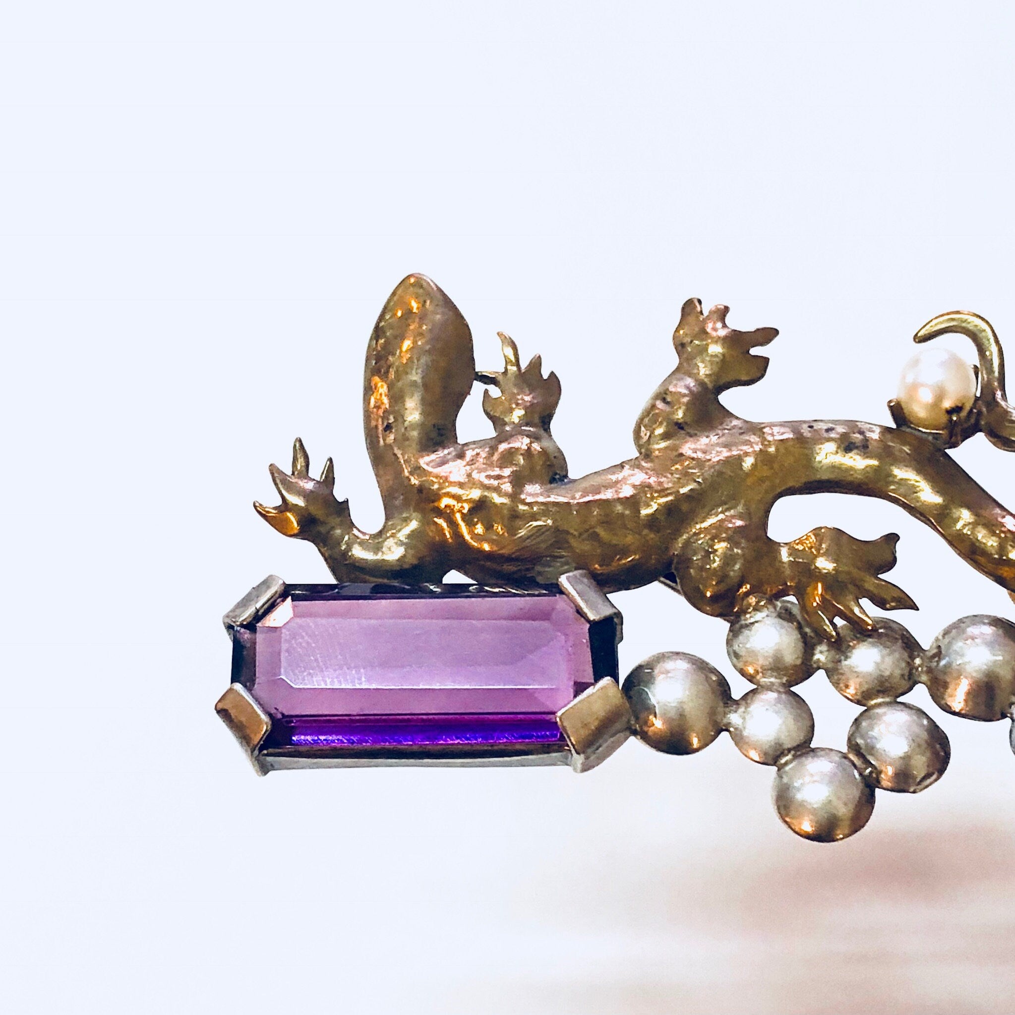 Vintage Brooch, Gold Toned Brooch, Costume Jewelry, Vintage Pin, Lizard Brooch, Purple Gemstone, Silvertone, Vintage Jewelry, VB, Statement