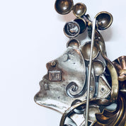 Vintage Brooch, Costume Jewelry, Vintage Pin, Modernist Jewelry, Gold Toned, Silver Toned, Lady's Face, Flower Brooch, Vintage Jewelry, Pin