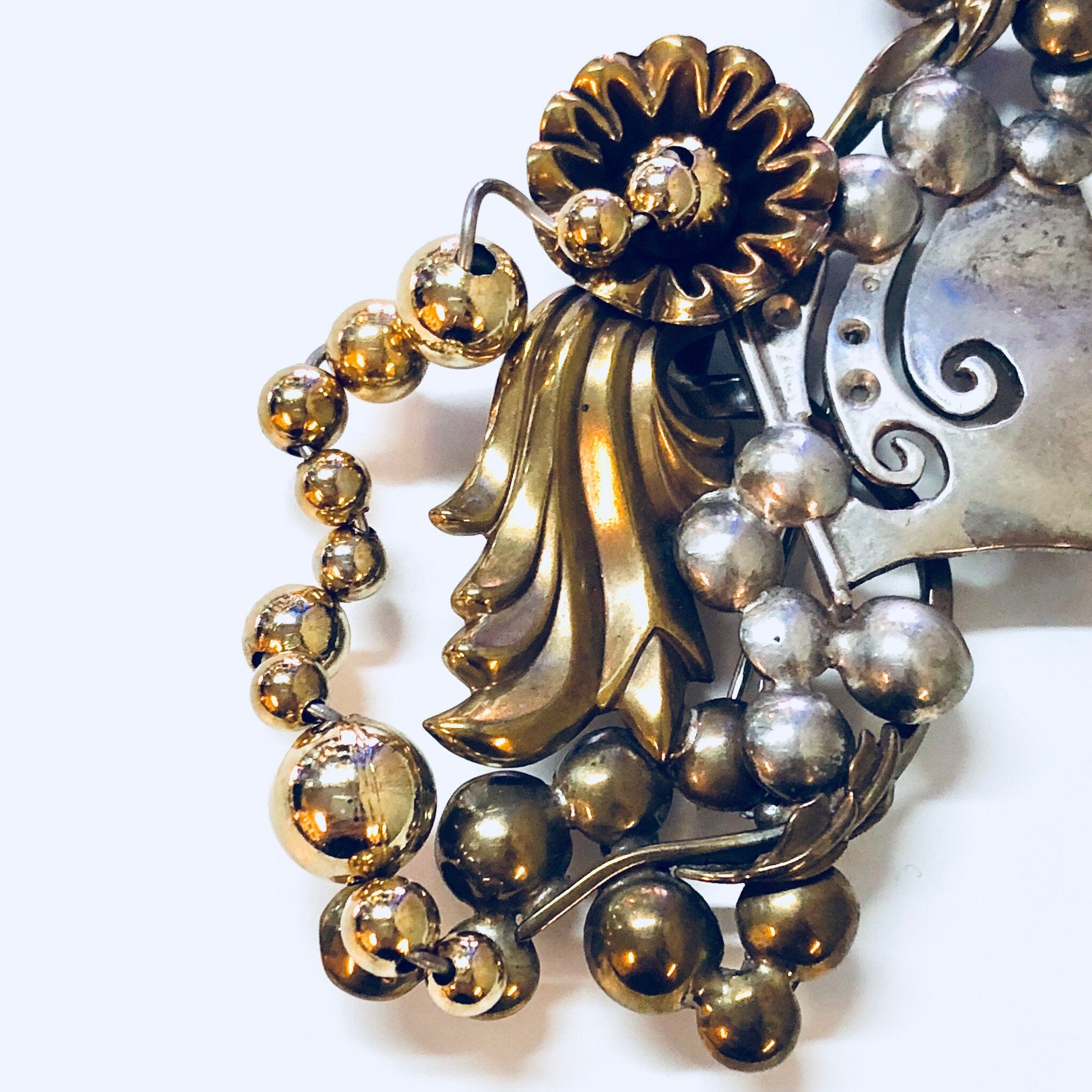 Vintage Brooch, Costume Jewelry, Vintage Pin, Modernist Jewelry, Gold Toned, Silver Toned, Lady's Face, Flower Brooch, Vintage Jewelry, Pin