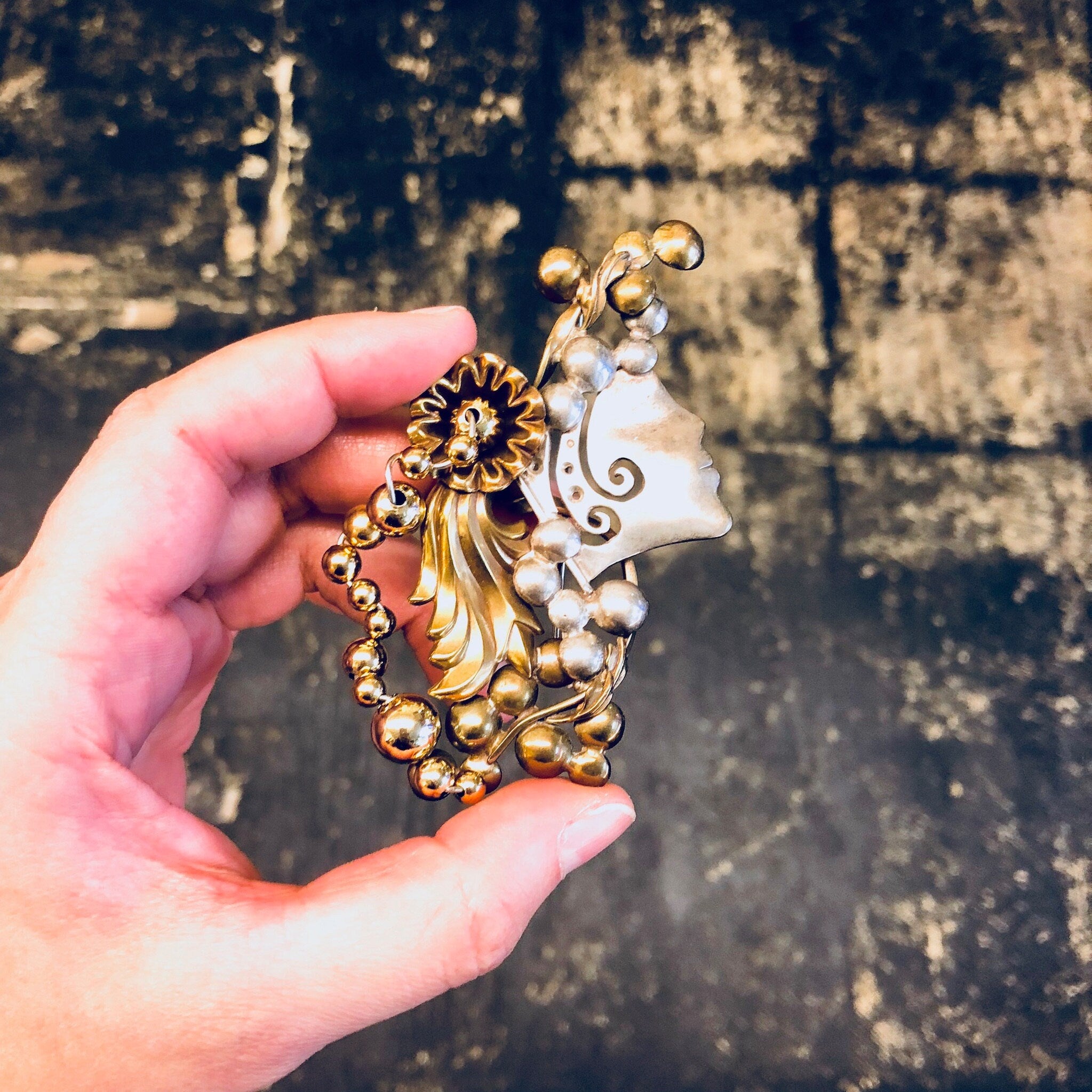 Vintage Brooch, Costume Jewelry, Vintage Pin, Modernist Jewelry, Gold Toned, Silver Toned, Lady's Face, Flower Brooch, Vintage Jewelry, Pin