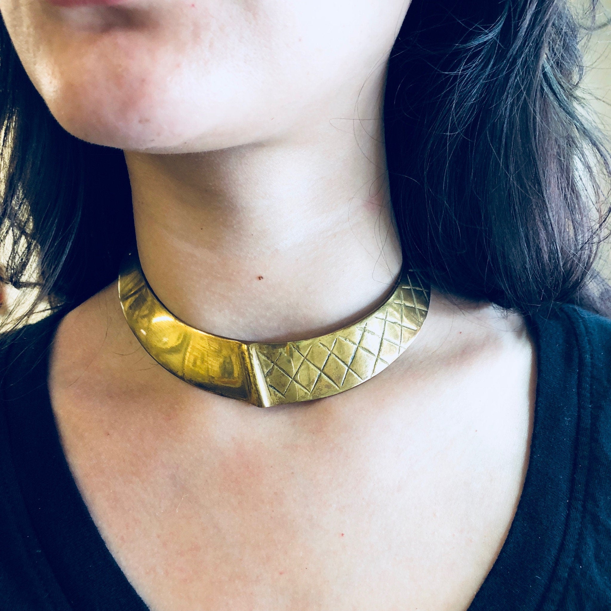 Vintage Choker, Brass Choker, Collar Necklace, Brass Jewelry, Vintage Jewelry, Textured Brass, Necklace, Gold Toned, Small Choker, collar