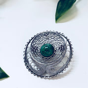 Vintage Silver Brooch, Sterling Silver, Vintage Jewelry, Pendant, Necklace, Pin, Green Stone, Natural Stone, Green and White, Filagree,Round