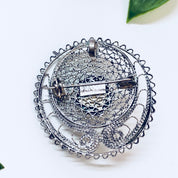 Vintage Silver Brooch, Sterling Silver, Vintage Jewelry, Pendant, Necklace, Pin, Green Stone, Natural Stone, Green and White, Filagree,Round