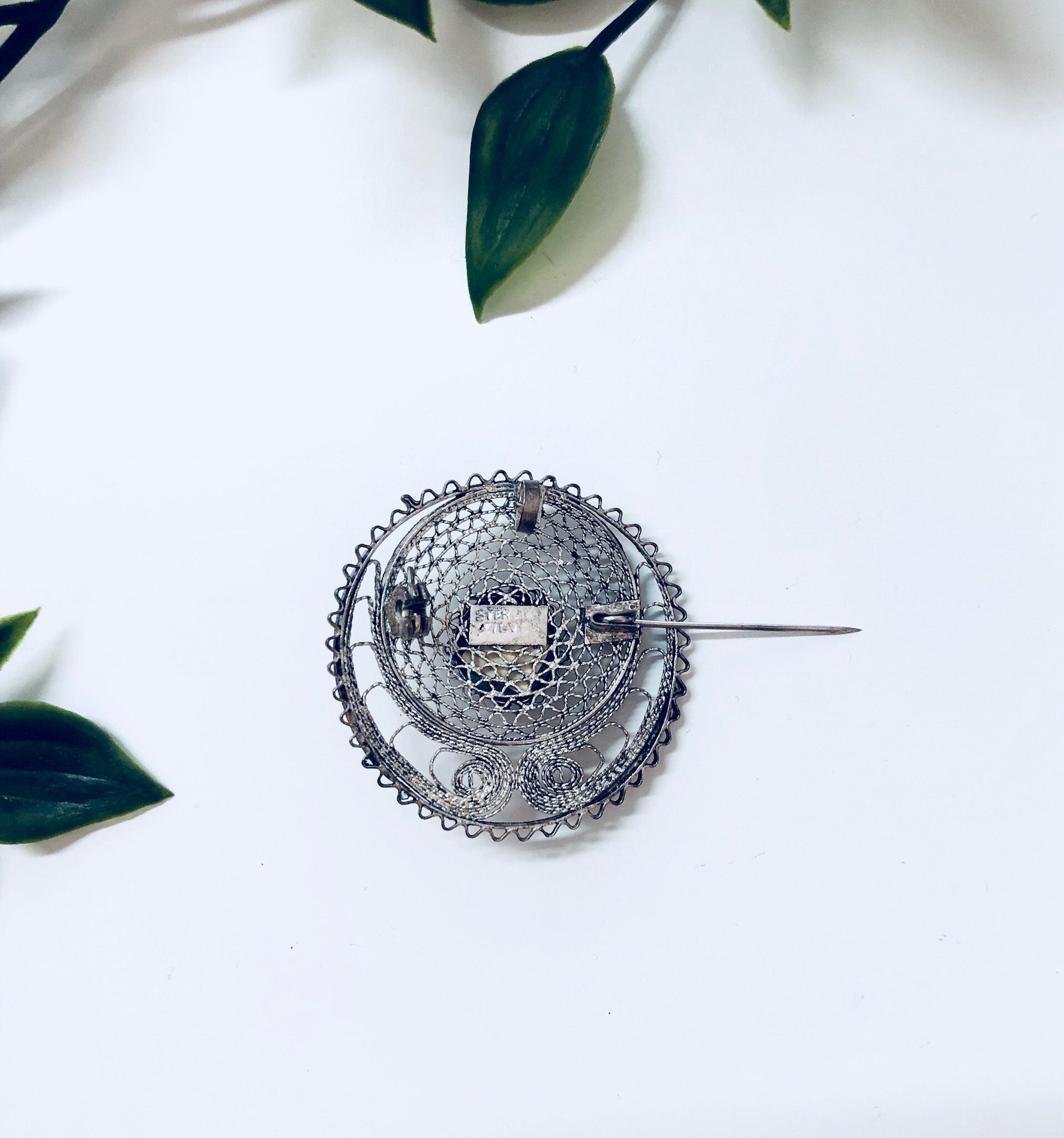 Vintage Silver Brooch, Sterling Silver, Vintage Jewelry, Pendant, Necklace, Pin, Green Stone, Natural Stone, Green and White, Filagree,Round