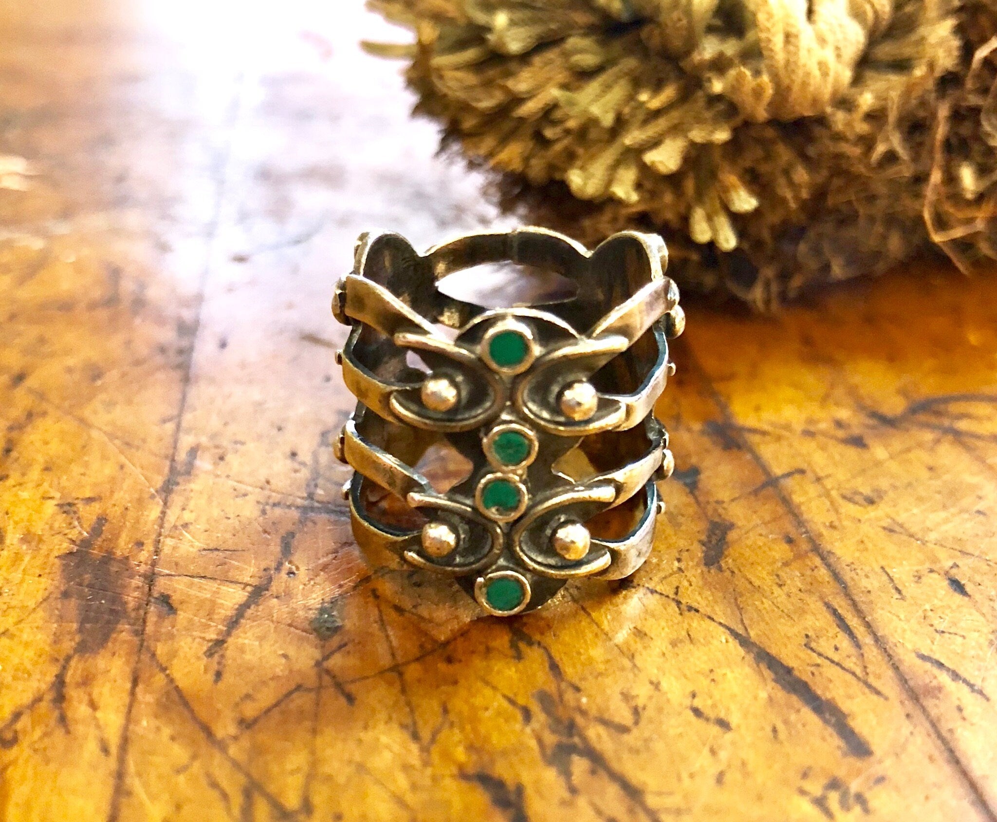 Vintage Silver Ring, Statement Ring, Sterling Silver, Vintage Jewelry, Green Jewelry, Green Stones, Cut Out Ring, Thick Ring, Green