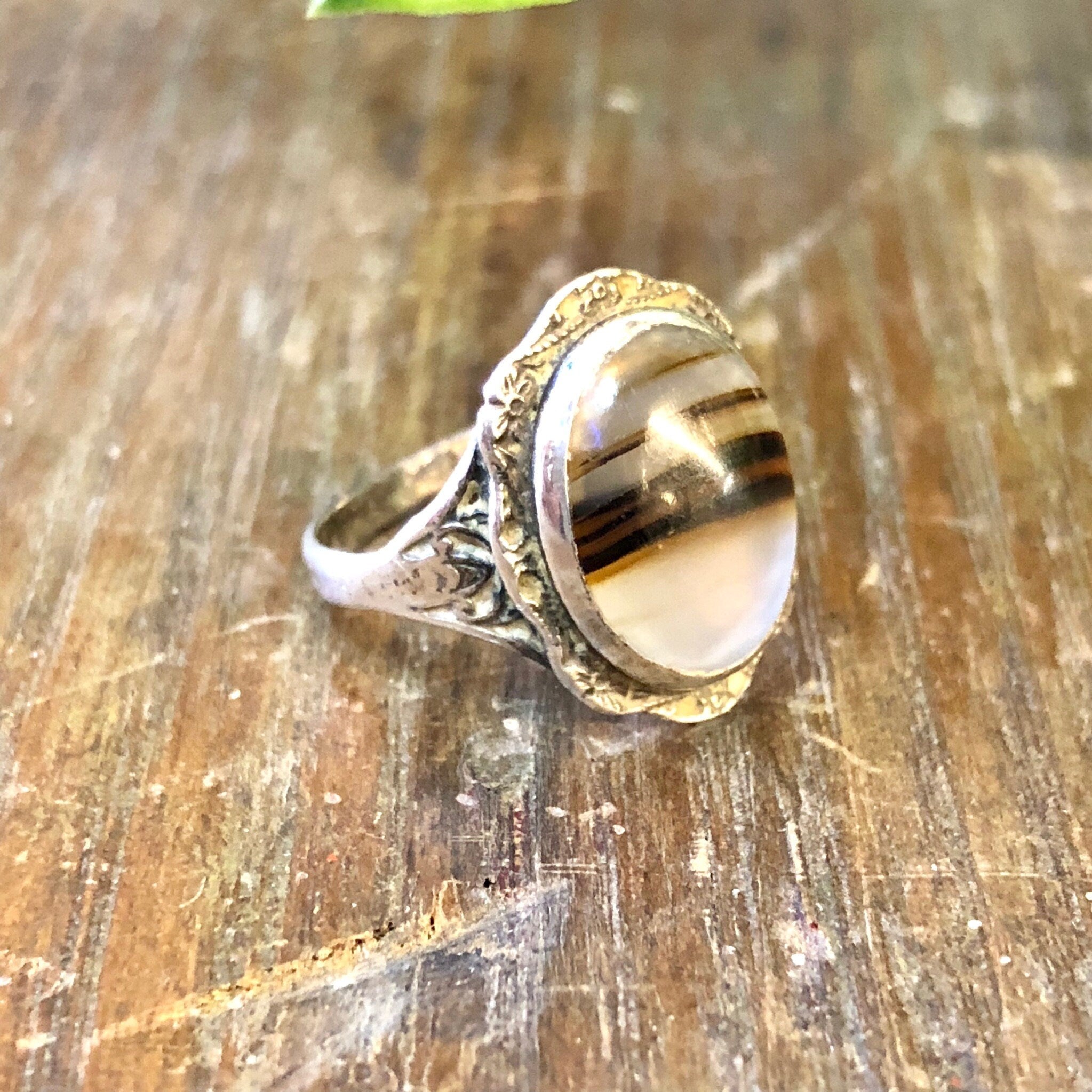 Vintage Silver Ring, Striped Agate Ring, Agate Jewelry, Brown Agate, Sterling Silver, Vintage Jewelry, Bohemian Jewelry, US Size 5.5