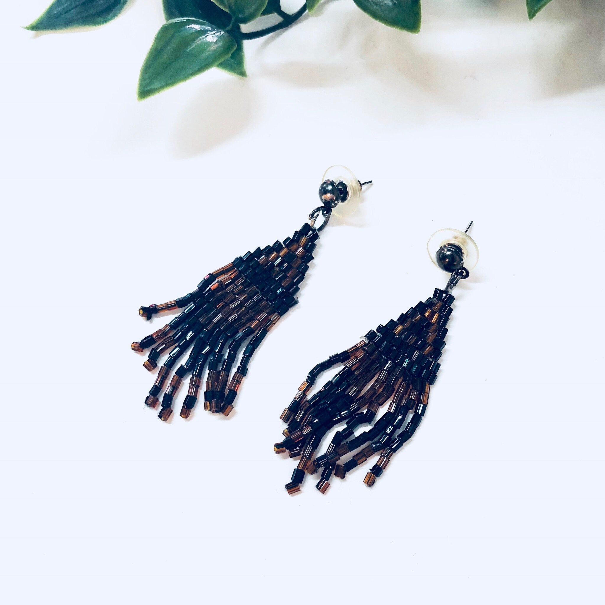 Vintage Earrings, Beaded Earrings, Black, Brown, Bohemian Style, Boho Jewelry, Vintage Jewelry, Pierced Ears, Tassel Earrings, Beaded