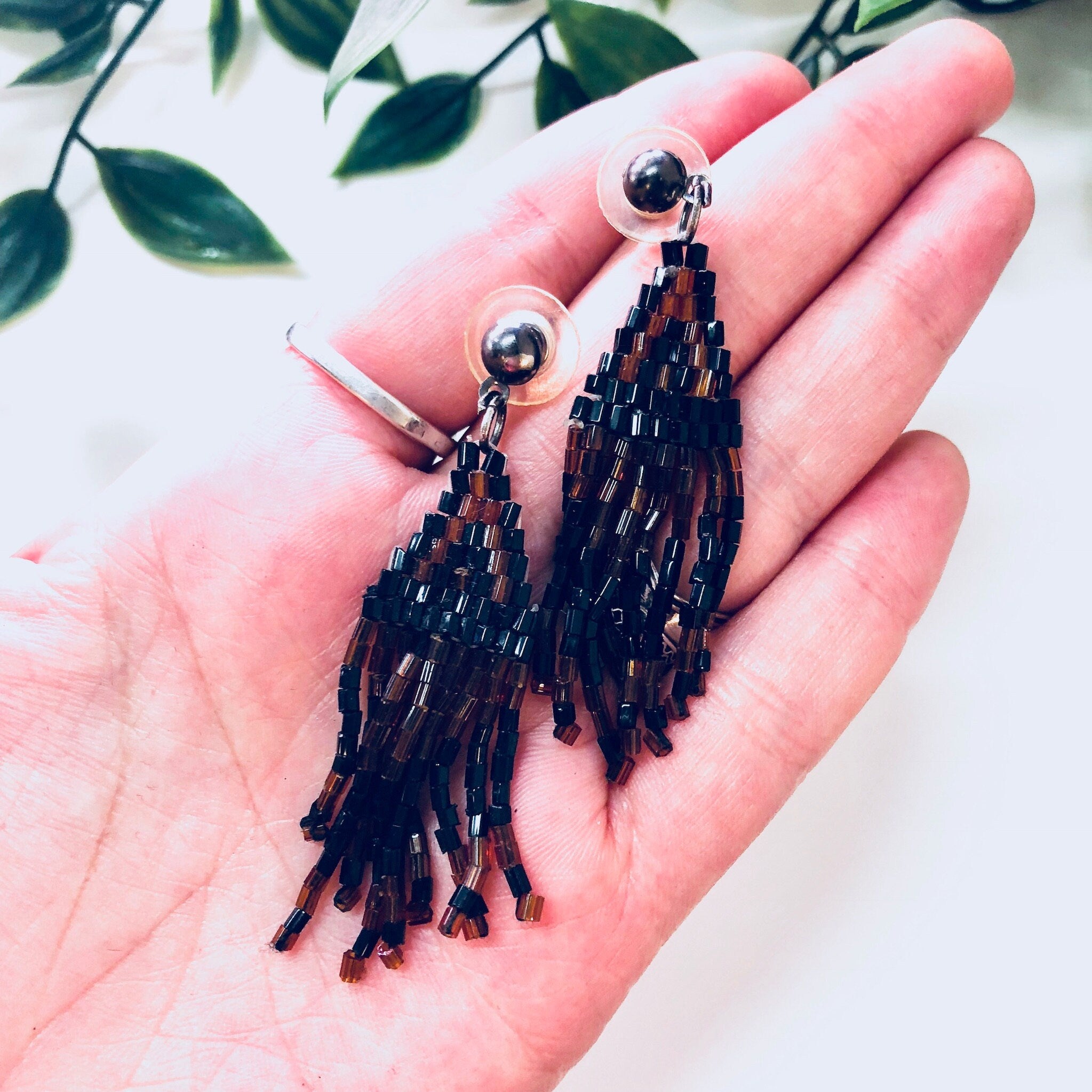 Vintage Earrings, Beaded Earrings, Black, Brown, Bohemian Style, Boho Jewelry, Vintage Jewelry, Pierced Ears, Tassel Earrings, Beaded