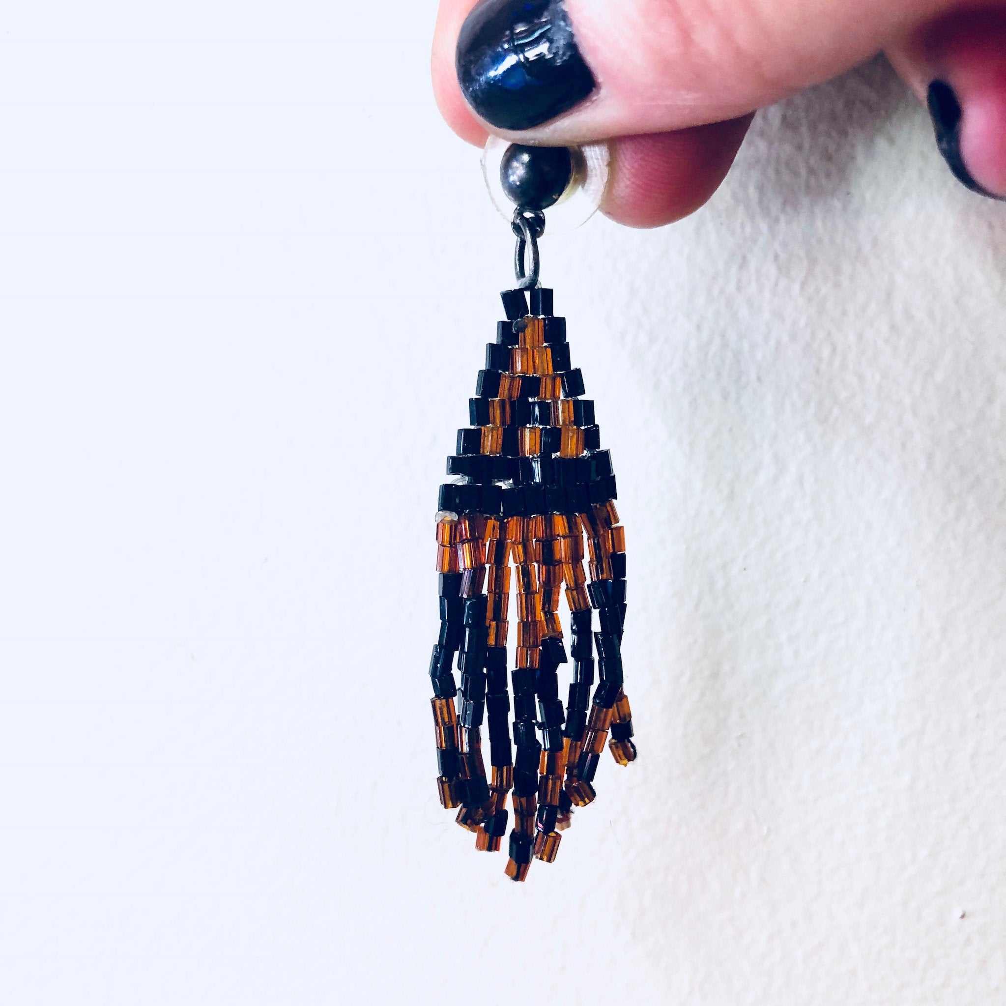 Vintage Earrings, Beaded Earrings, Black, Brown, Bohemian Style, Boho Jewelry, Vintage Jewelry, Pierced Ears, Tassel Earrings, Beaded