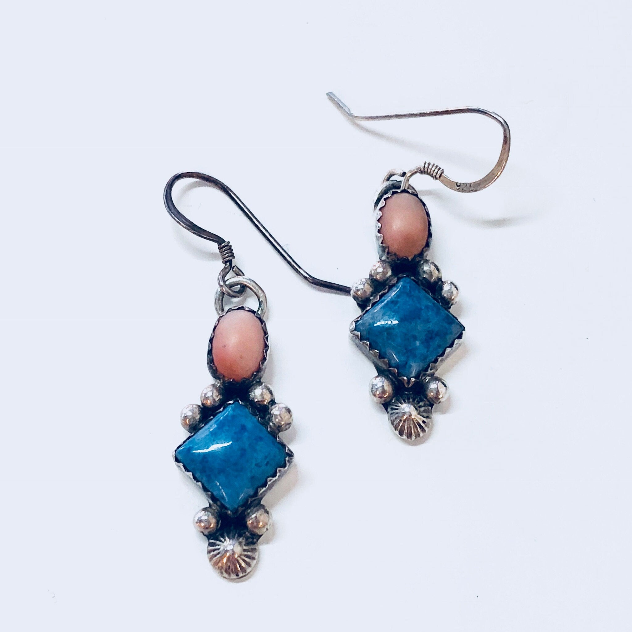 Vintage Silver Earrings, Sterling Silver, Vintage Jewelry, Blue, Pink, Pierced Ears, Dangle Earrings, Drop Earrings, Statement Jewelry
