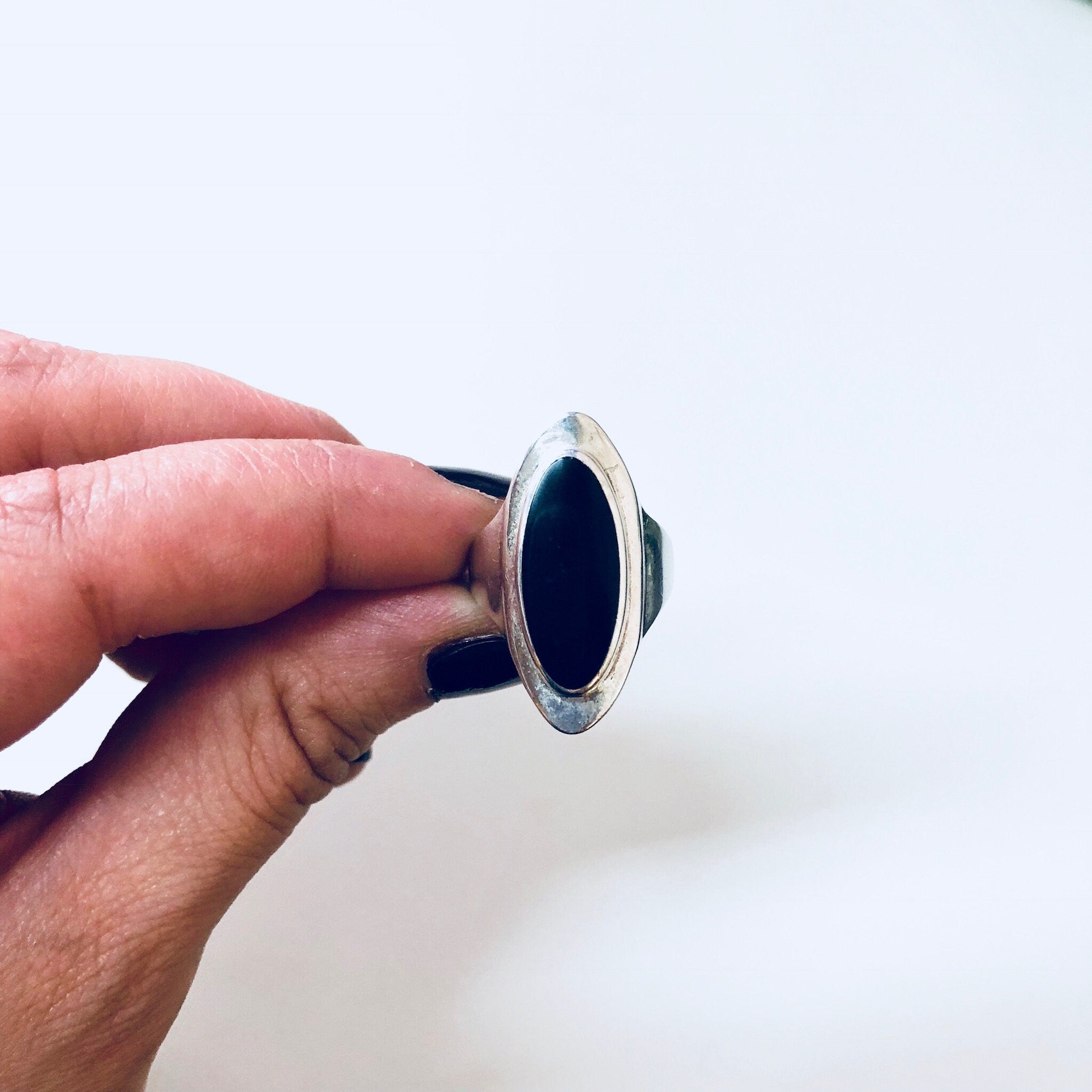 Vintage Silver Ring, Sterling Silver, Vintage Jewelry, Black Onyx, Silver and Black, Long Ring, Statement Jewelry, Anniversary Gift, 925