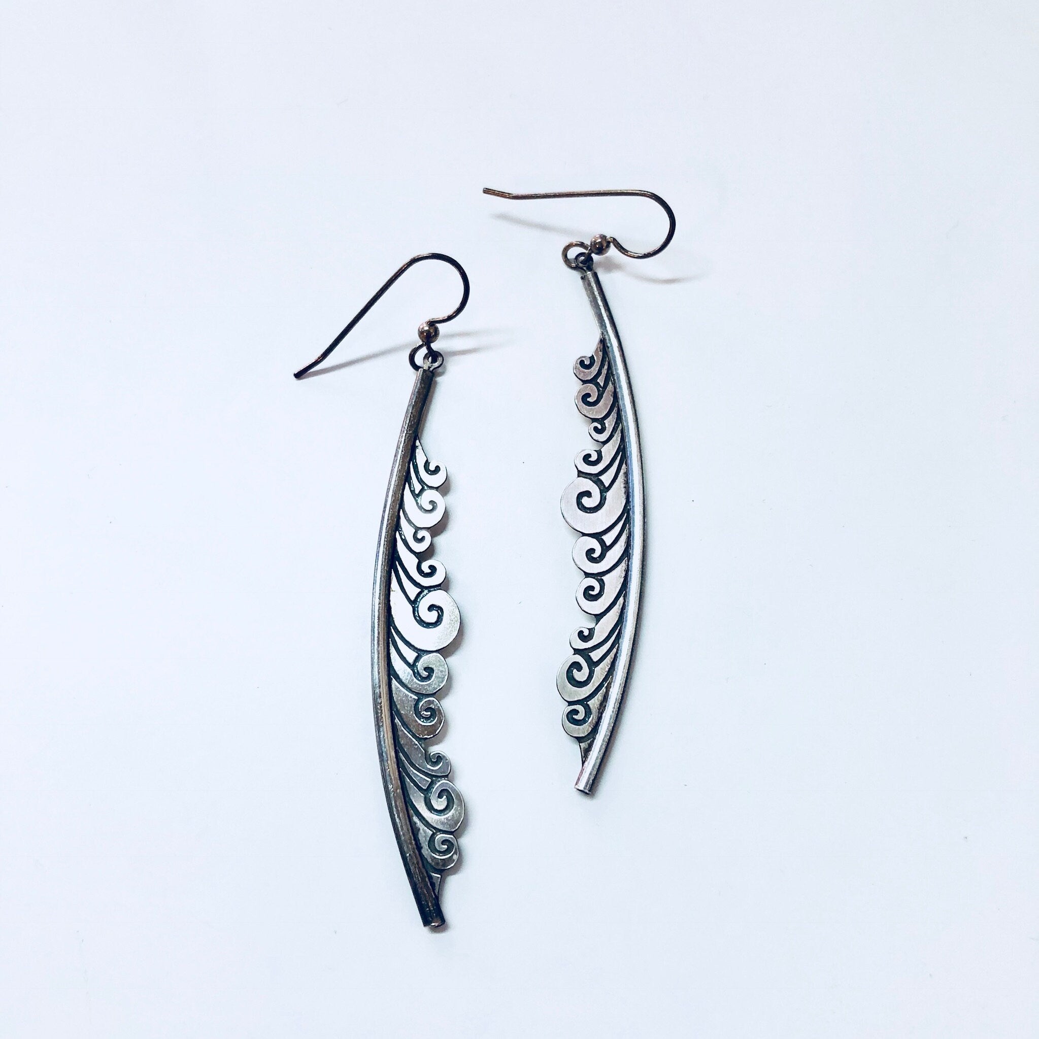 Vintage Silver Earrings, Dangle Earrings, Feather Earrings, Ornate Jewelry, Vintage Jewelry, Sterling Silver, Wave Design,Statement Earrings
