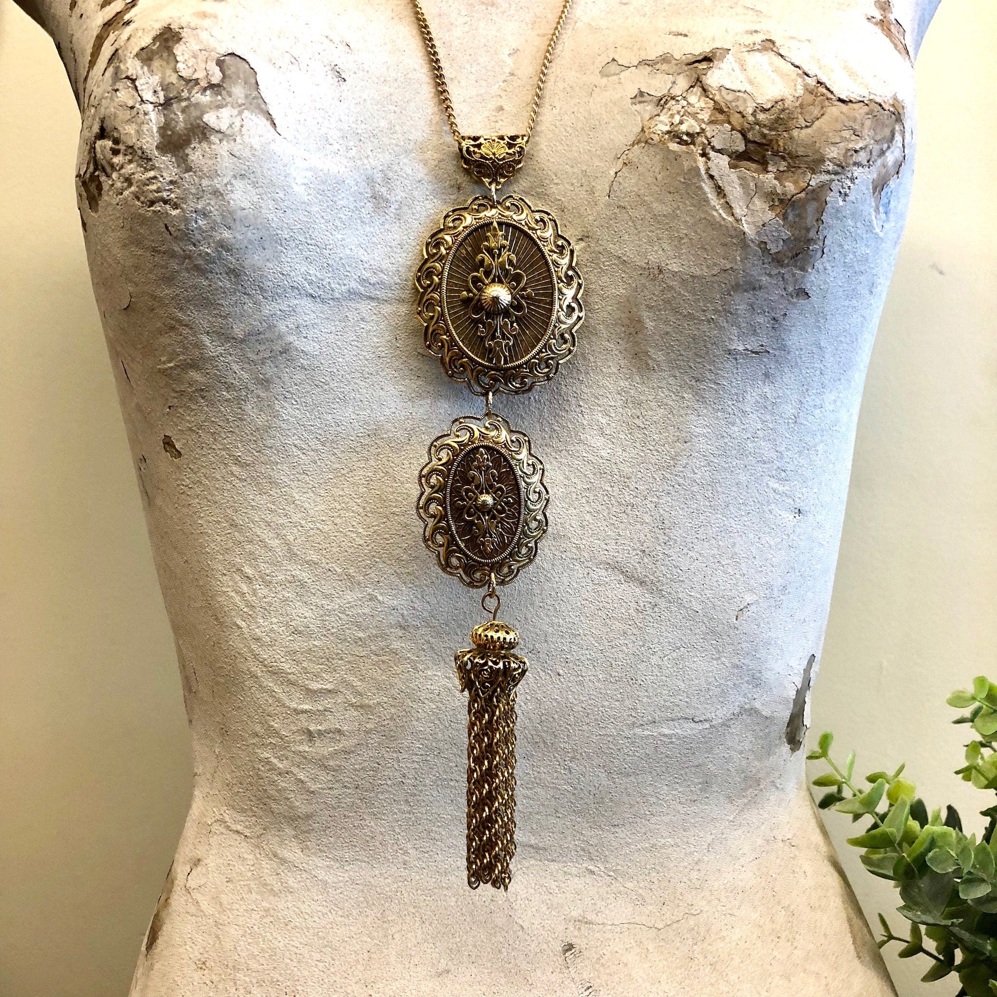 Vintage Pendant, Gold Toned Pendant, Vintage Necklace, Costume Jewelry, Tassel Necklace, Statement Jewelry, Large Pendant, Vintage Jewelry