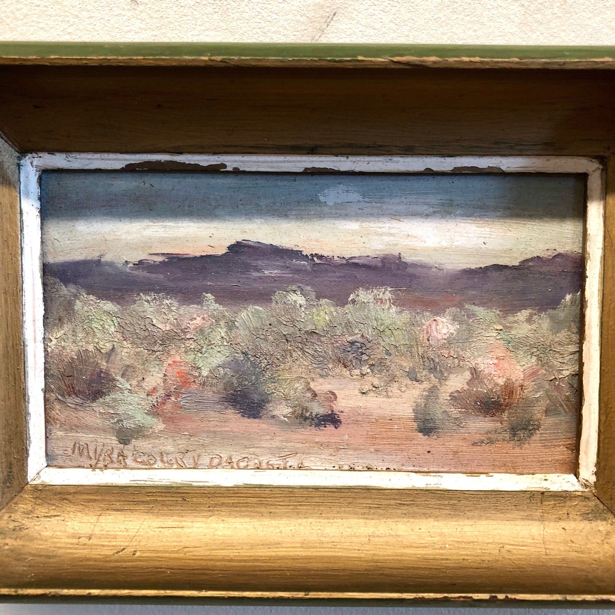 Framed Art, Vintage Art, Oil Painting, Vintage Painting, Scenic Painting, Gold, Green, Desert Painting, Landscape Art, Small Painting,
