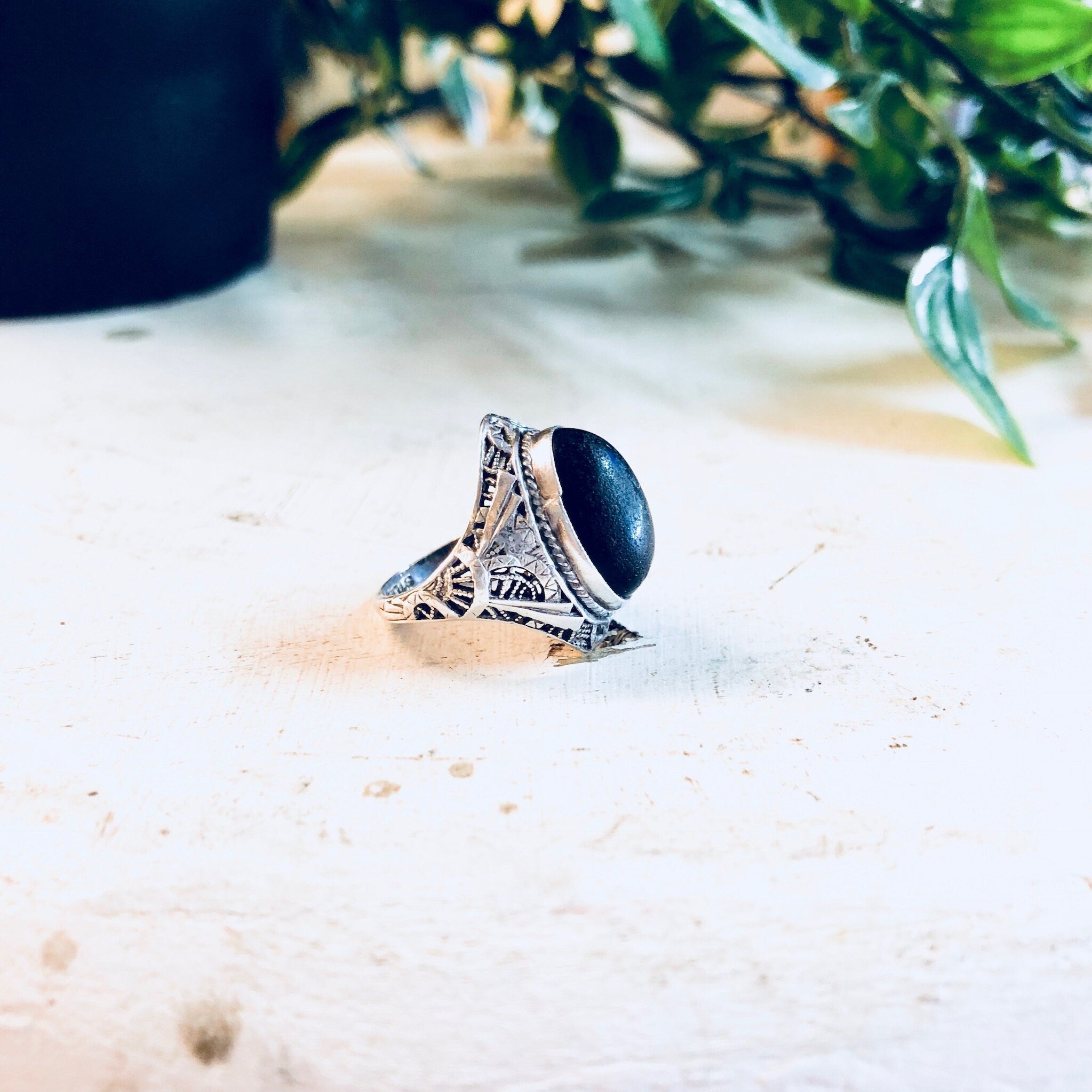 Vintage Silver Ring, Art Deco, Black Onyx Ring, Sterling Silver, Vintage Jewelry, Filagree Ring, Ornate Ring, Pinky Ring, Black Ring, Small