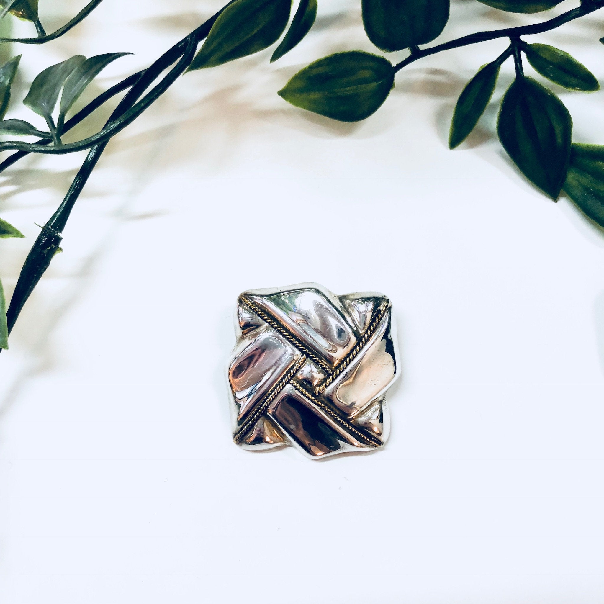 Vintage Silver Brooch, Sterling Silver, Vintage Jewelry, Necklace, Pendant, Pin, Gold Accent, 925, Brooch, Square, Ribbon, Anniversary Gift