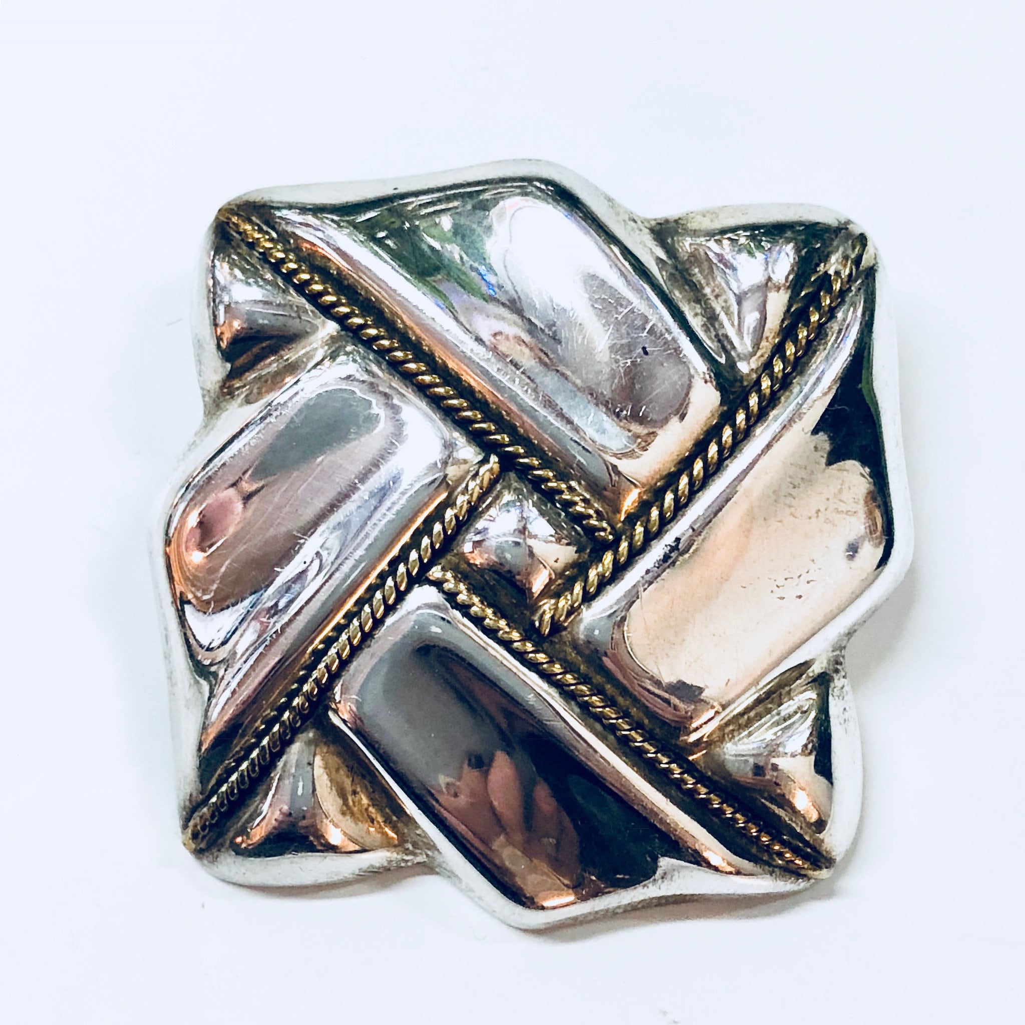 Vintage Silver Brooch, Sterling Silver, Vintage Jewelry, Necklace, Pendant, Pin, Gold Accent, 925, Brooch, Square, Ribbon, Anniversary Gift