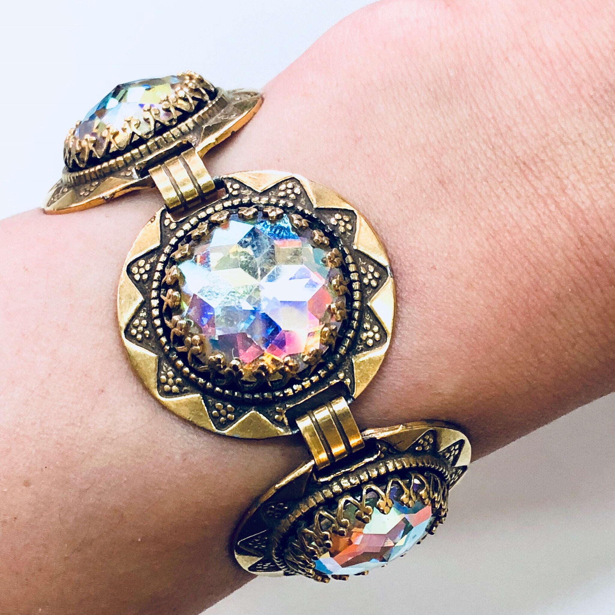 Vintage Bracelet, Vendome Bracelet, Gold Toned Jewelry, Designer Jewelry, Costume Jewelry, Link Bracelet, Circle Bracelet, Blue, Pink, Green