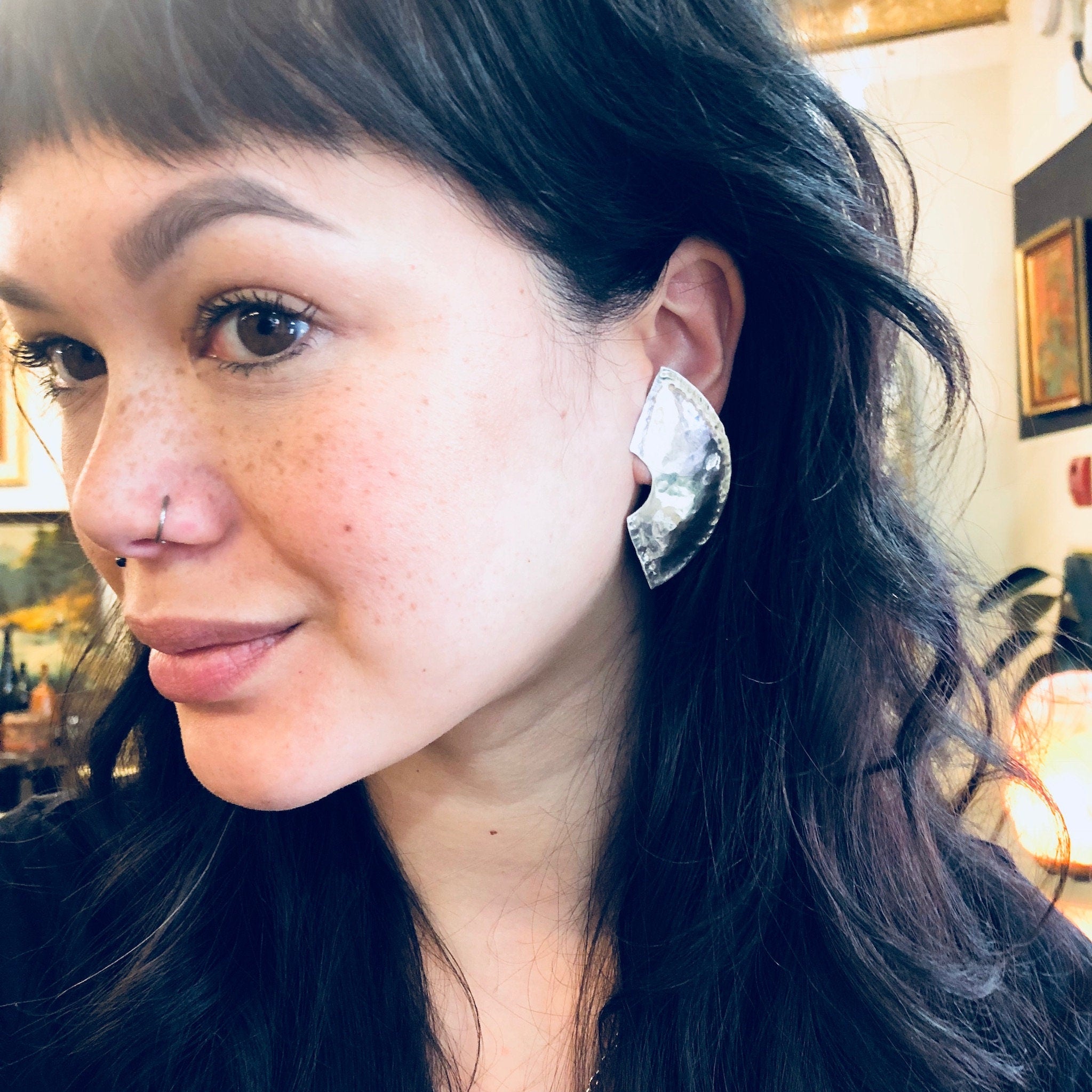 Vintage Silver Earrings, Sterling Silver, Vintage Jewelry, Modernist, Minimalist, Statement Jewelry, Pierced Ears, Silver Tone, Hammered