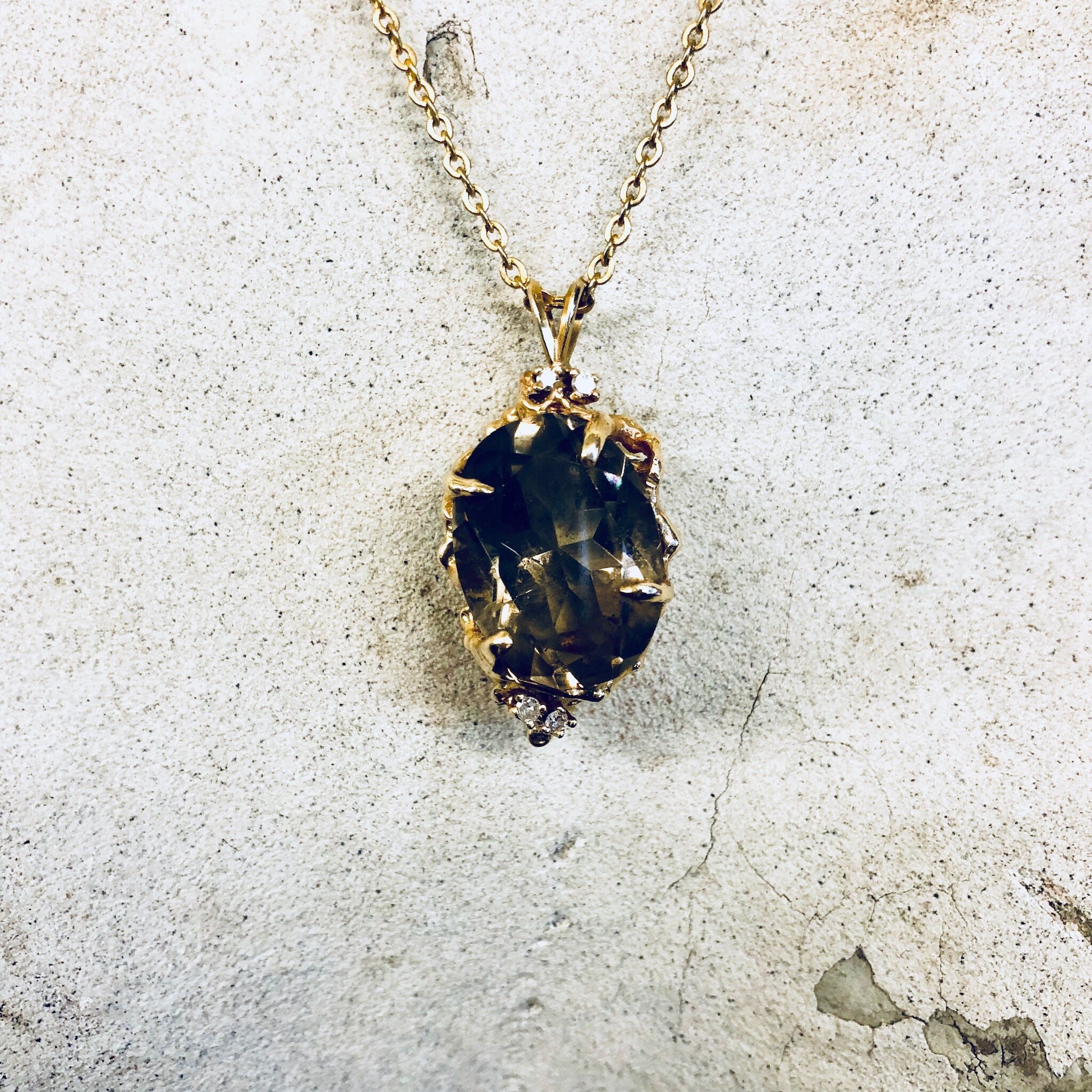 Vintage Gold Pendant, Smoky Quartz, 14 Karat Gold, 14K Gold, Yellow Gold, Quartz Jewelry, Vintage Jewelry, Vintage Necklace, Diamond, Gold