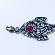 Vintage Silver Pendant, Filagree Pendant, Fish Jewelry, Sterling Silver, Vintage Jewelry, Red Stone, Red Eye, Aquatic Jewelry, Necklace