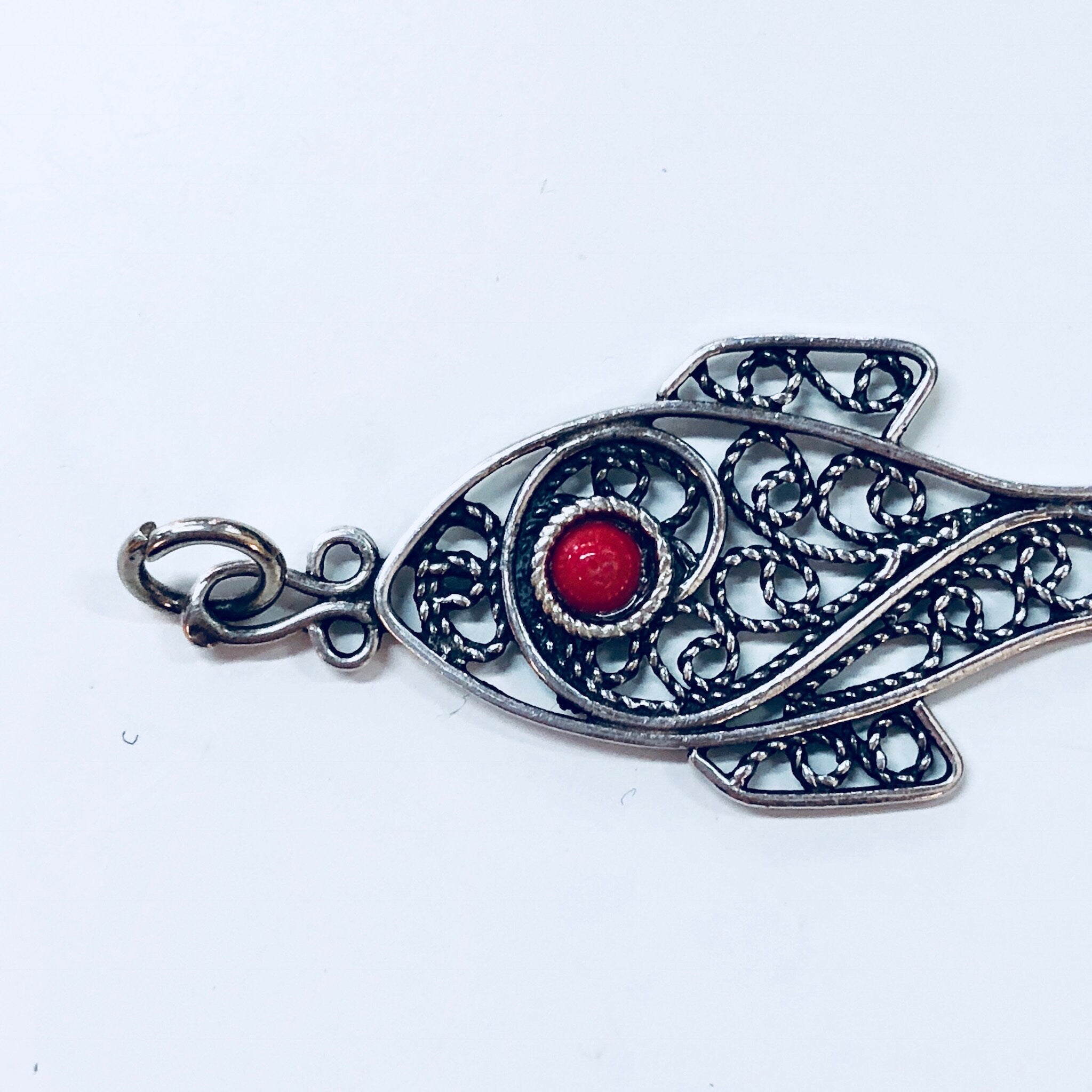 Vintage Silver Pendant, Filagree Pendant, Fish Jewelry, Sterling Silver, Vintage Jewelry, Red Stone, Red Eye, Aquatic Jewelry, Necklace