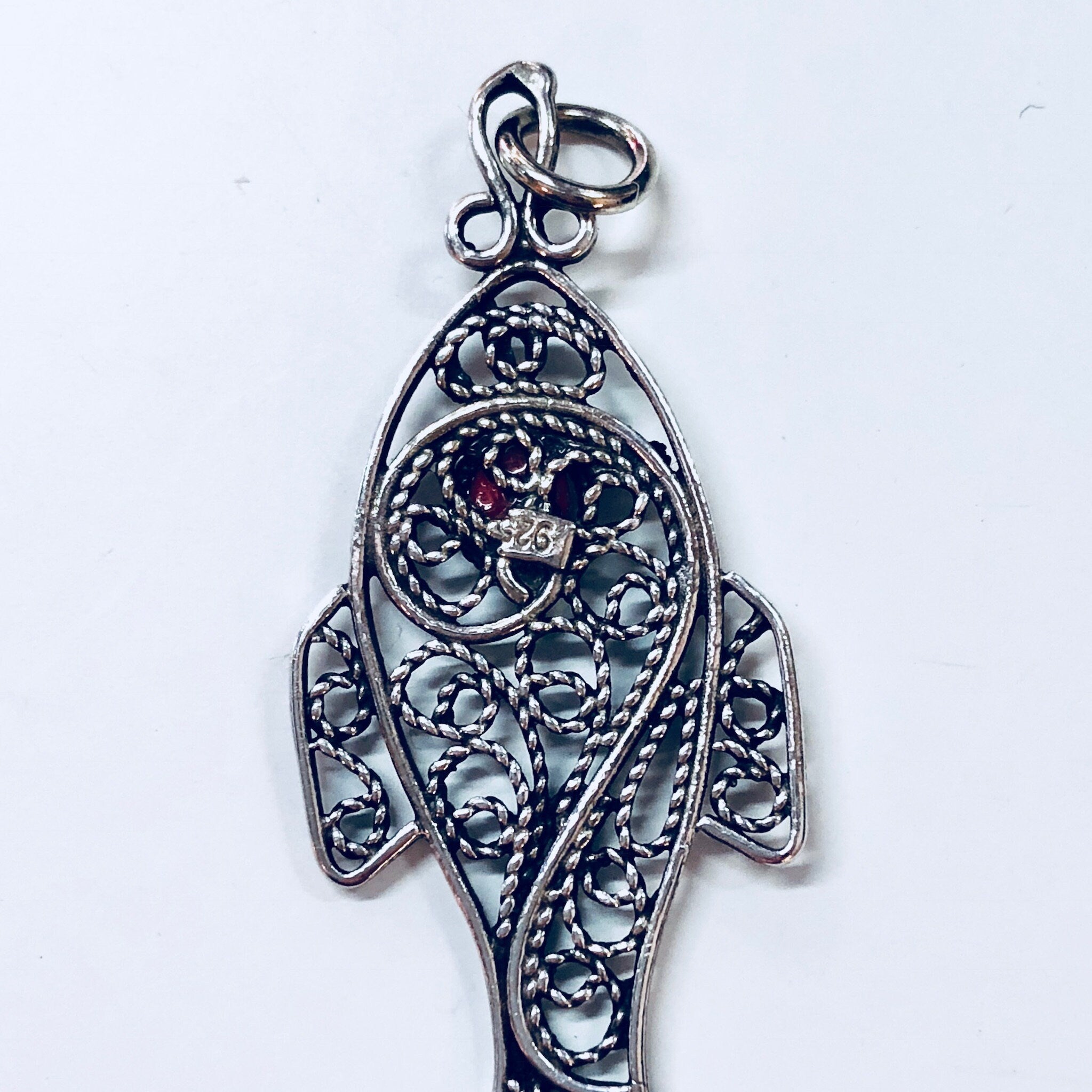 Vintage Silver Pendant, Filagree Pendant, Fish Jewelry, Sterling Silver, Vintage Jewelry, Red Stone, Red Eye, Aquatic Jewelry, Necklace