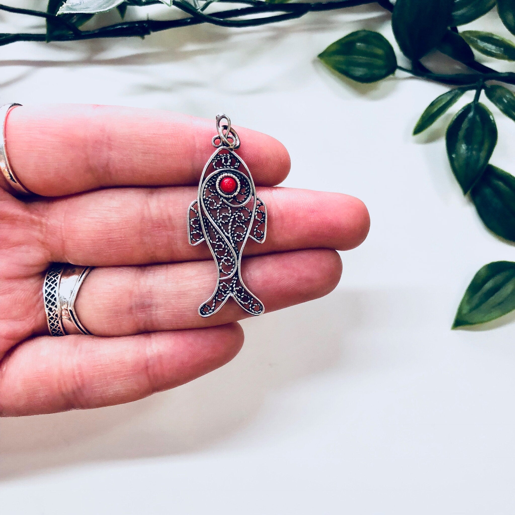 Vintage Silver Pendant, Filagree Pendant, Fish Jewelry, Sterling Silver, Vintage Jewelry, Red Stone, Red Eye, Aquatic Jewelry, Necklace