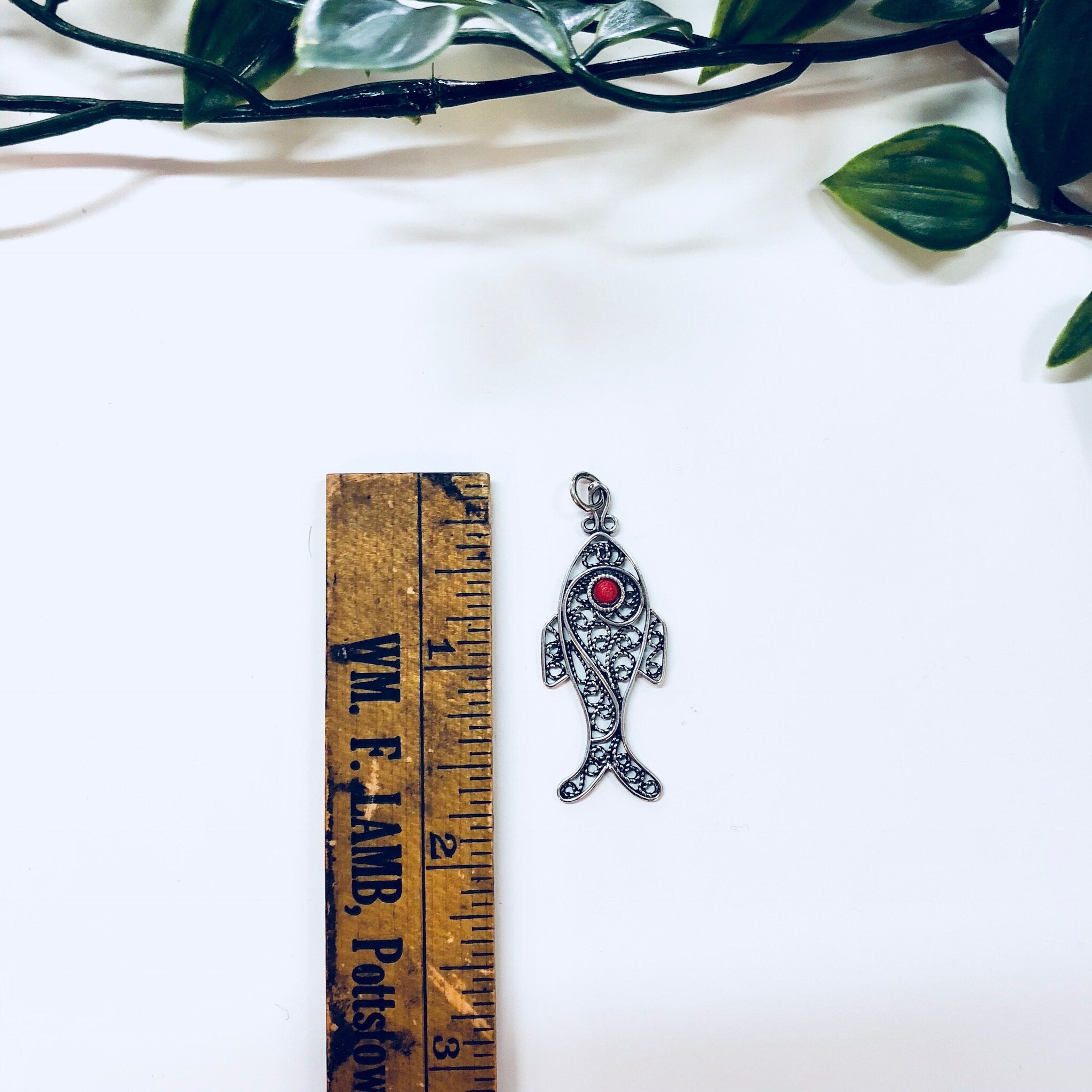 Vintage Silver Pendant, Filagree Pendant, Fish Jewelry, Sterling Silver, Vintage Jewelry, Red Stone, Red Eye, Aquatic Jewelry, Necklace