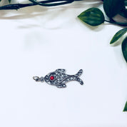 Vintage Silver Pendant, Filagree Pendant, Fish Jewelry, Sterling Silver, Vintage Jewelry, Red Stone, Red Eye, Aquatic Jewelry, Necklace