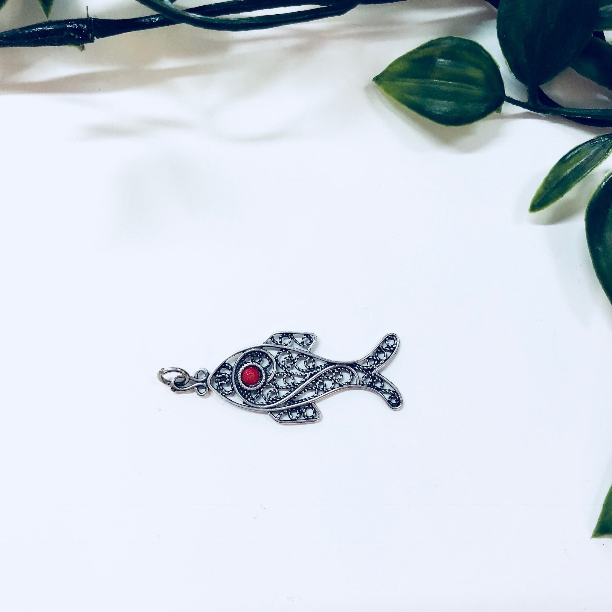 Vintage Silver Pendant, Filagree Pendant, Fish Jewelry, Sterling Silver, Vintage Jewelry, Red Stone, Red Eye, Aquatic Jewelry, Necklace