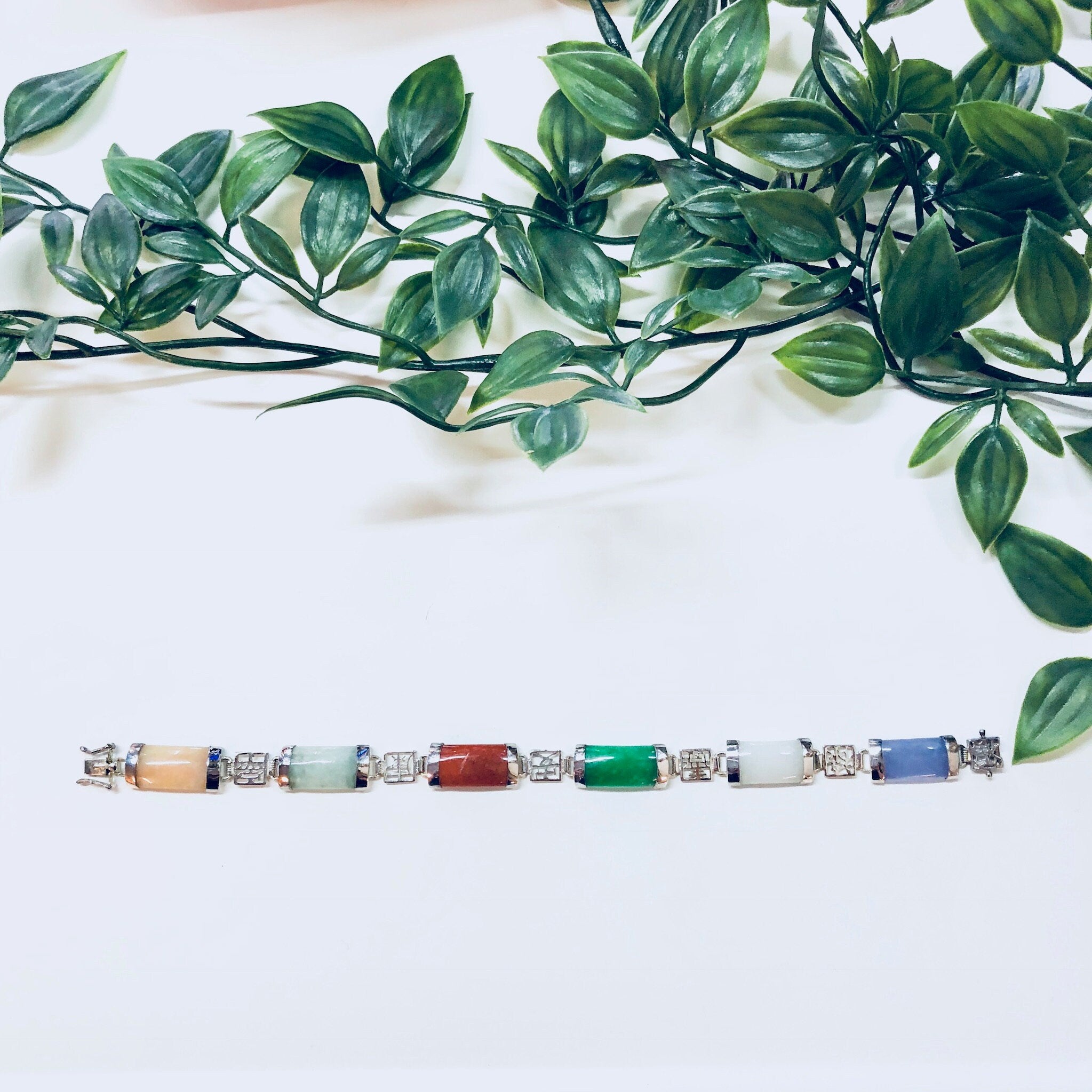 Vintage Silver Bracelet, Sterling Silver, Vintage Jewelry, Link Bracelet, Asian Jewelry, Natural Stones, Jade, Purple, Orange, White, Red