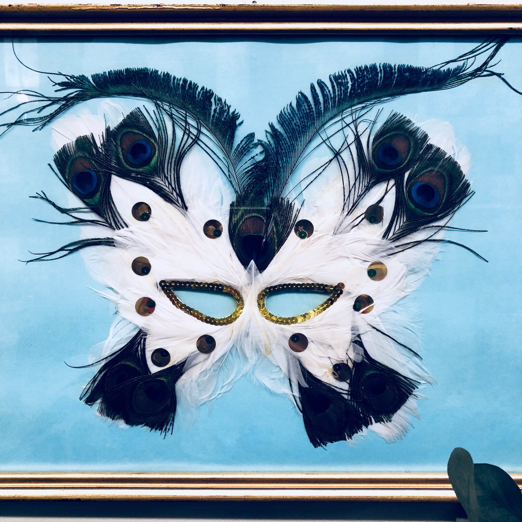 Masquerade Mask, Framed Art, Vintage Mask, Framed Mask, Gold Frame, Wall Art, Vintage Home Decor, Light Blue, Sky Blue, Peacock Feathers