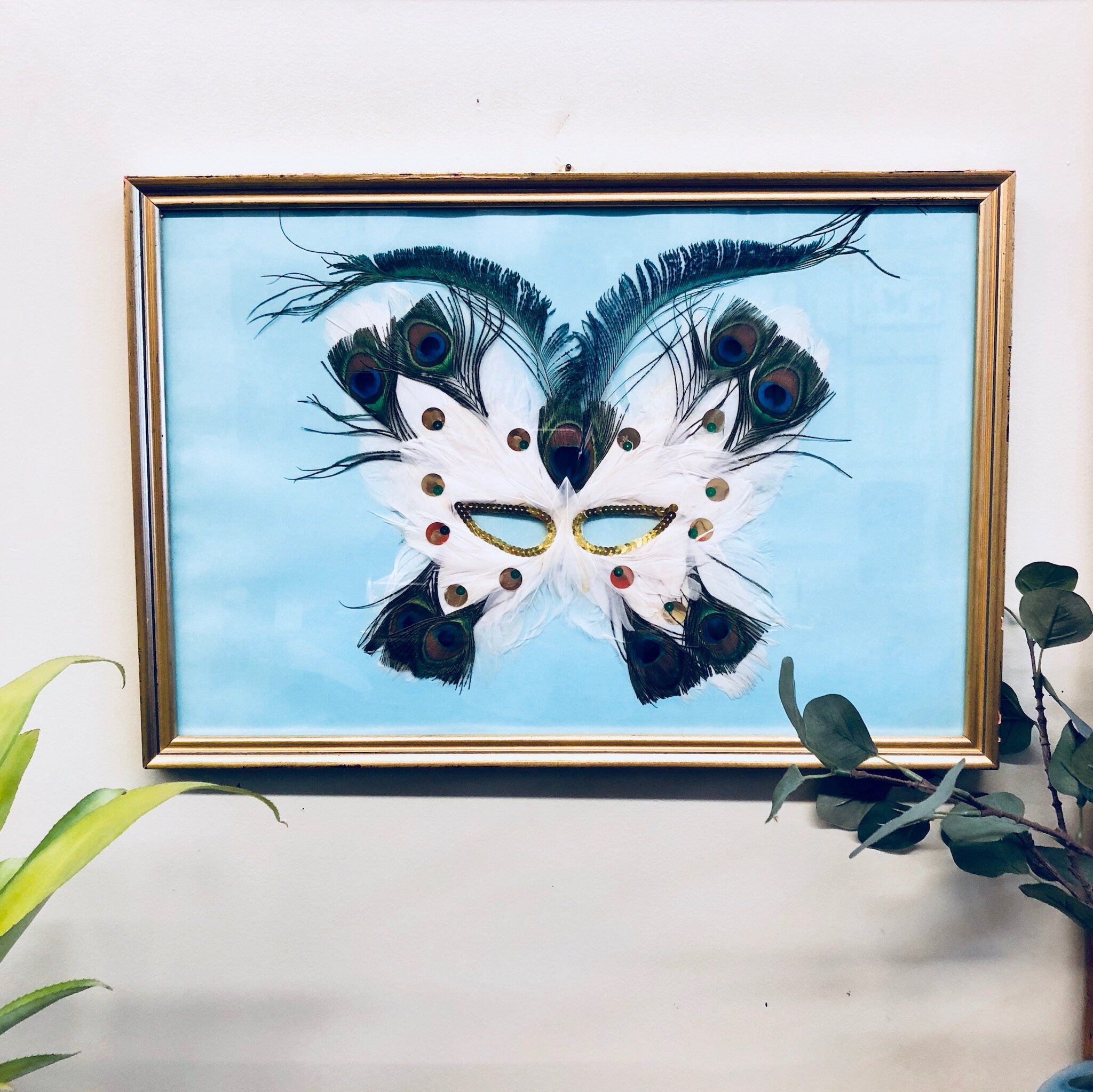 Masquerade Mask, Framed Art, Vintage Mask, Framed Mask, Gold Frame, Wall Art, Vintage Home Decor, Light Blue, Sky Blue, Peacock Feathers
