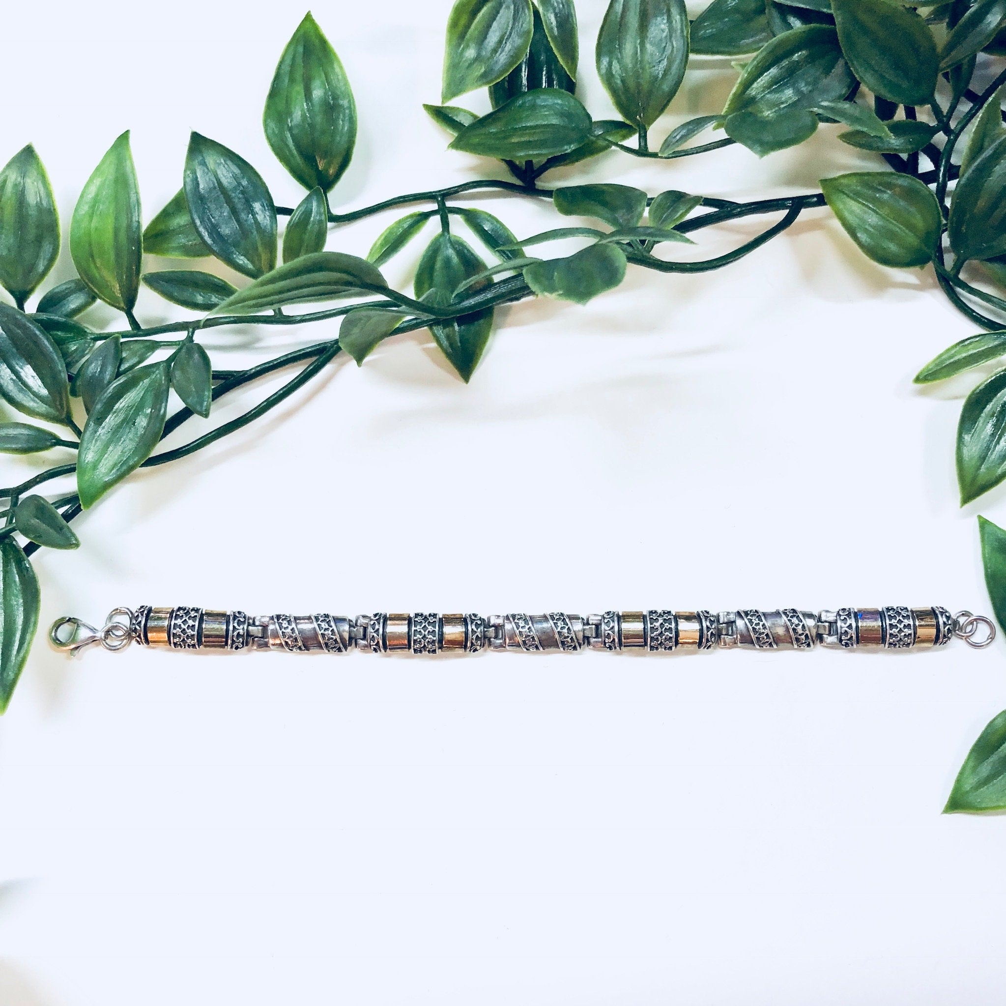 Vintage Silver Bracelet, Link Bracelet, Sterling Silver, Vintage Jewelry, Gold Jewelry, 925, Anniversary Gift, Silver and Gold, Inlay