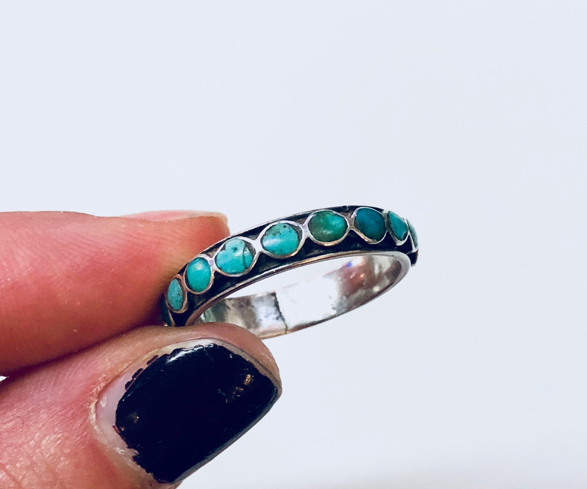 Vintage Silver Ring, Sterling Silver, Turquoise Ring, Beaded Ring, Blue, Band, Stacking Ring, Thin Band, Engagement Ring, Anniversary Gift