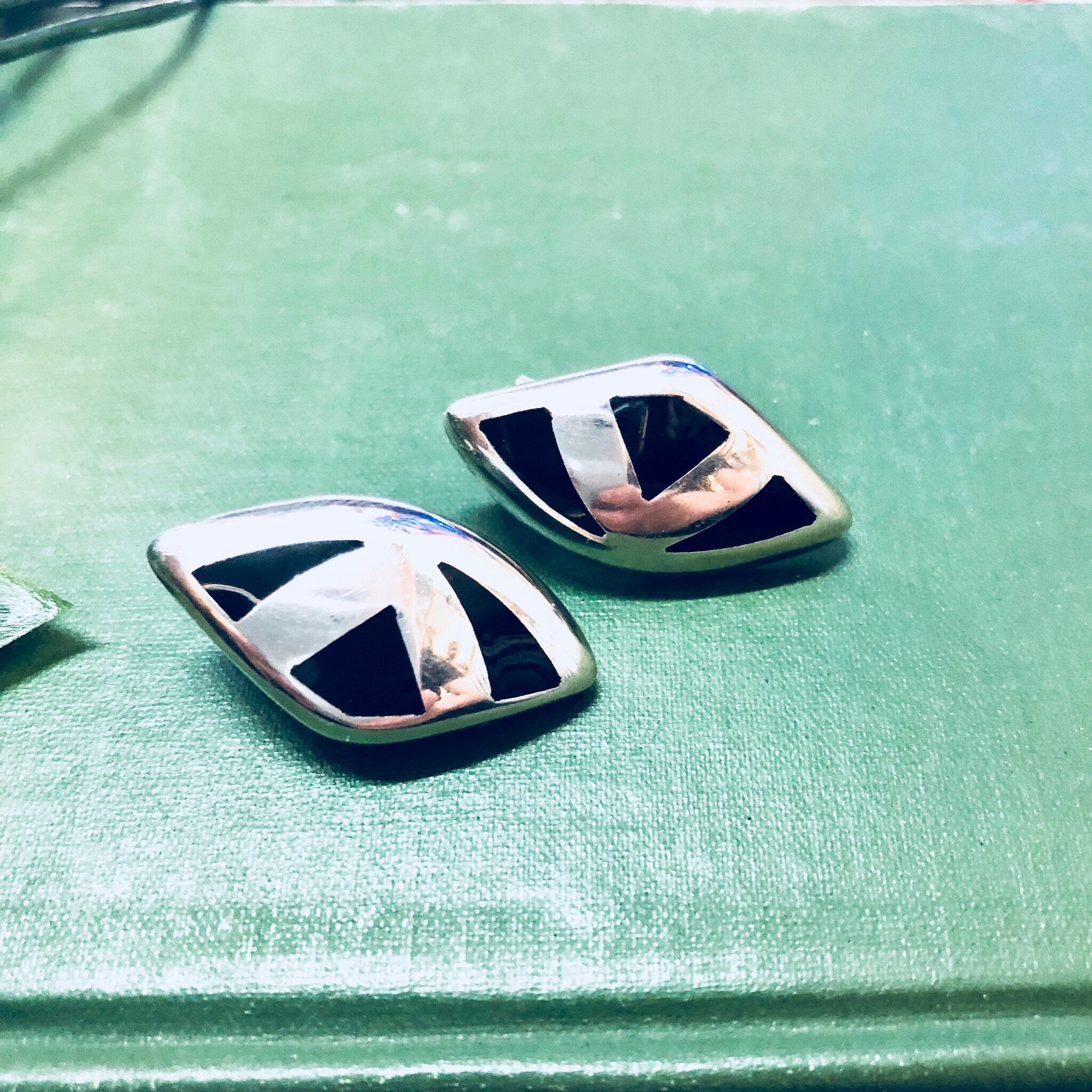 Taxco Earrings, Vintage, Sterling Silver, Black Onyx Stone, Earrings for Pierced Ears, Statement Jewelry