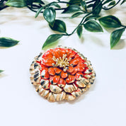 Vintage Broch, Flower Brooch, Pin, Vintage Jewelry, Gold Toned Jewelry, Orange Flower, Floral Jewelry, Patina, Round, Gold and Orange