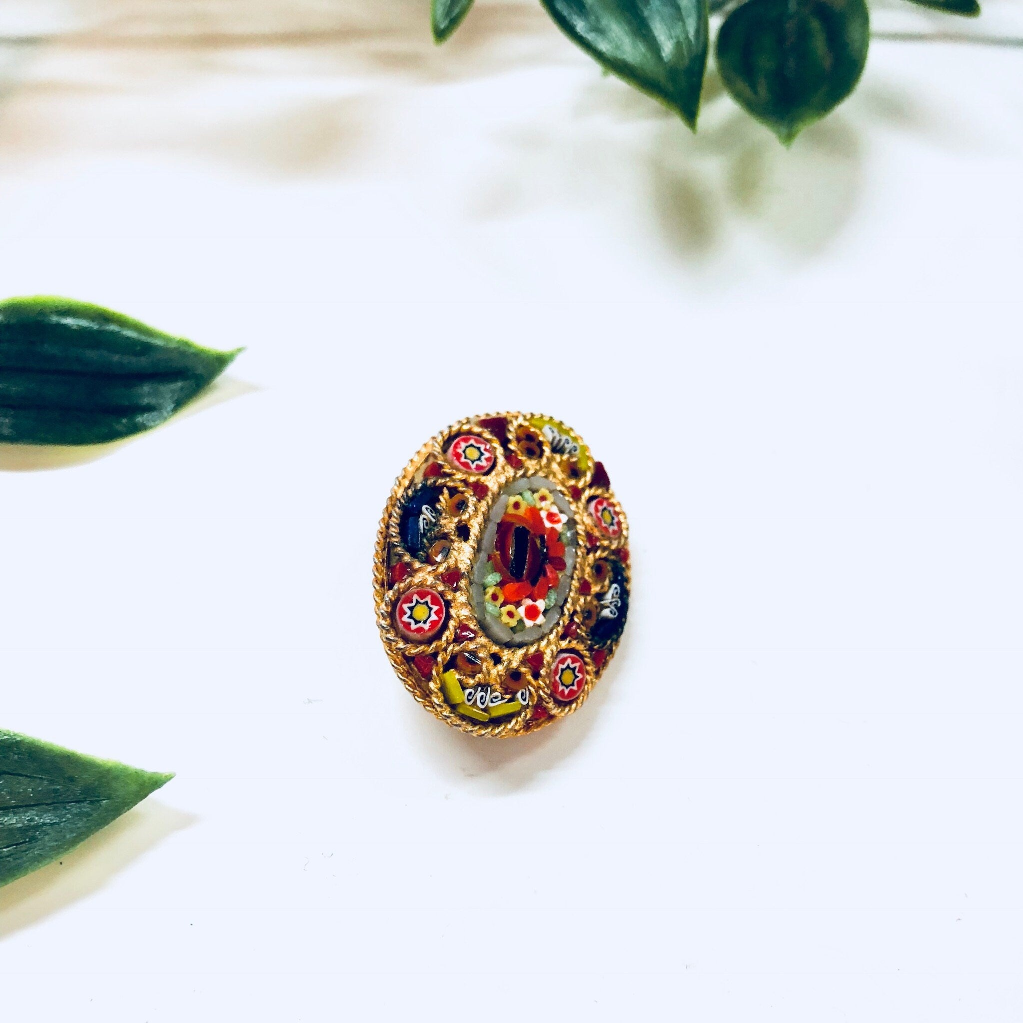 Millefiori Brooch, Small Brooch, Vintage Jewelry, Mosaic Jewelry, Vintage Pin, Small Brooch, Oval Shape, Yellow, Gold Toned, Blue, Green,