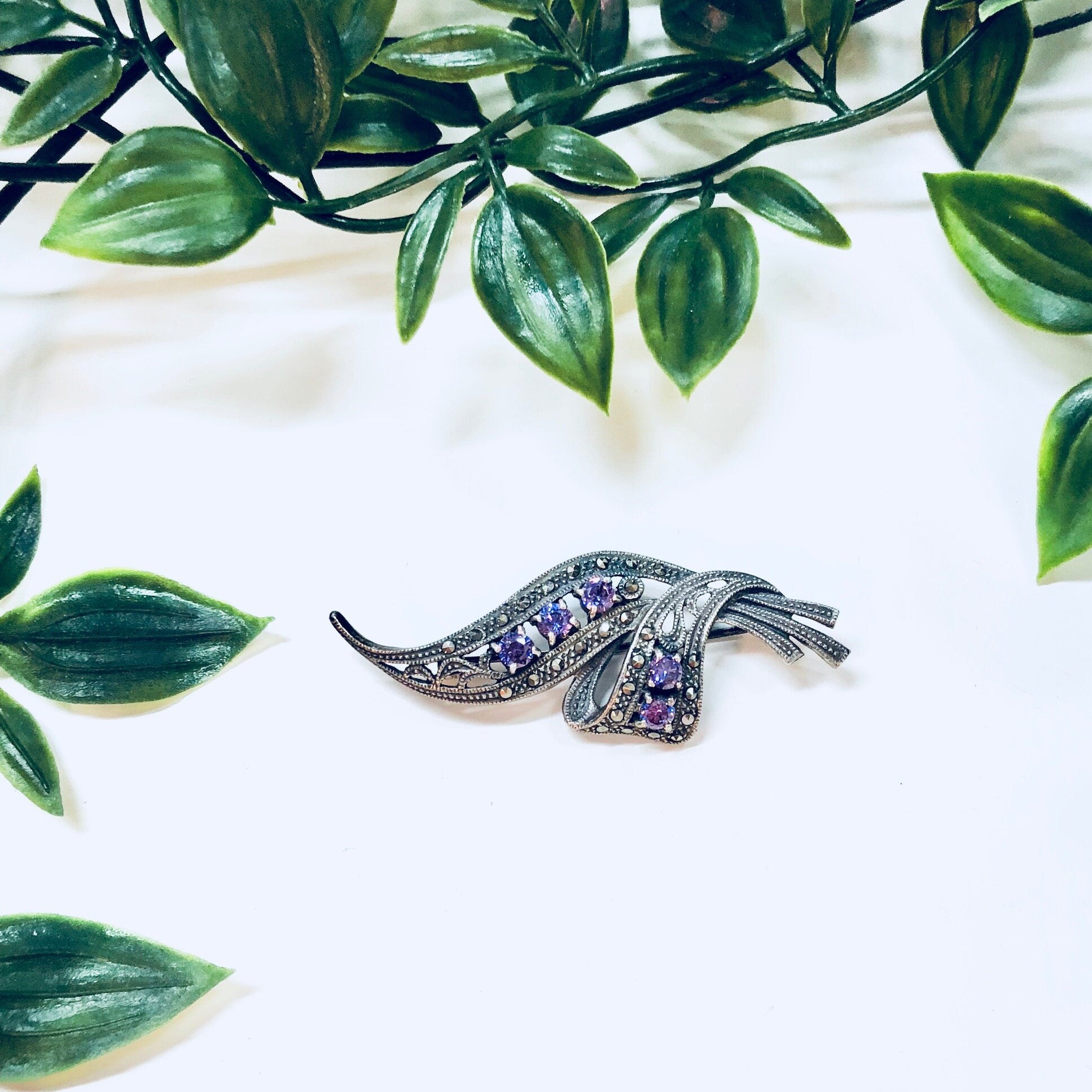 Vintage Brooch, Sterling Silver, Vintage Jewelry, Marcasite Jewelry, Amethyst Pin, Vintage Pin, Purple, Silver, 925, Sparkly Jewelry
