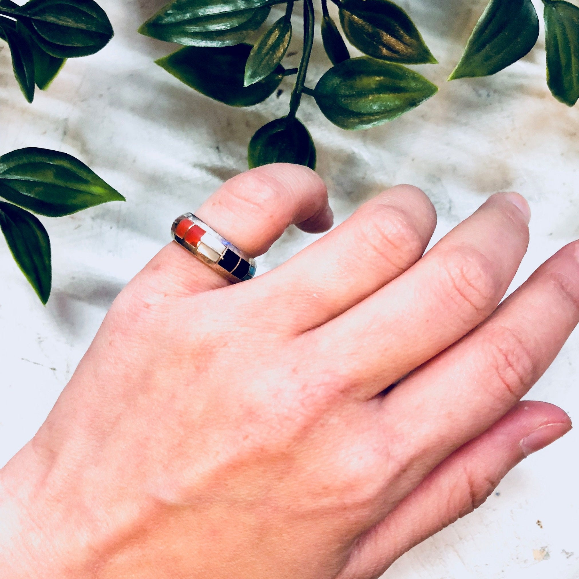 Vintage Silver Ring, Sterling Silver, Vintage Jewelry, Inlaid Stones, Natural Stone, Turquoise, Mother of Pearl, Black Onyx, Coral, Vintage