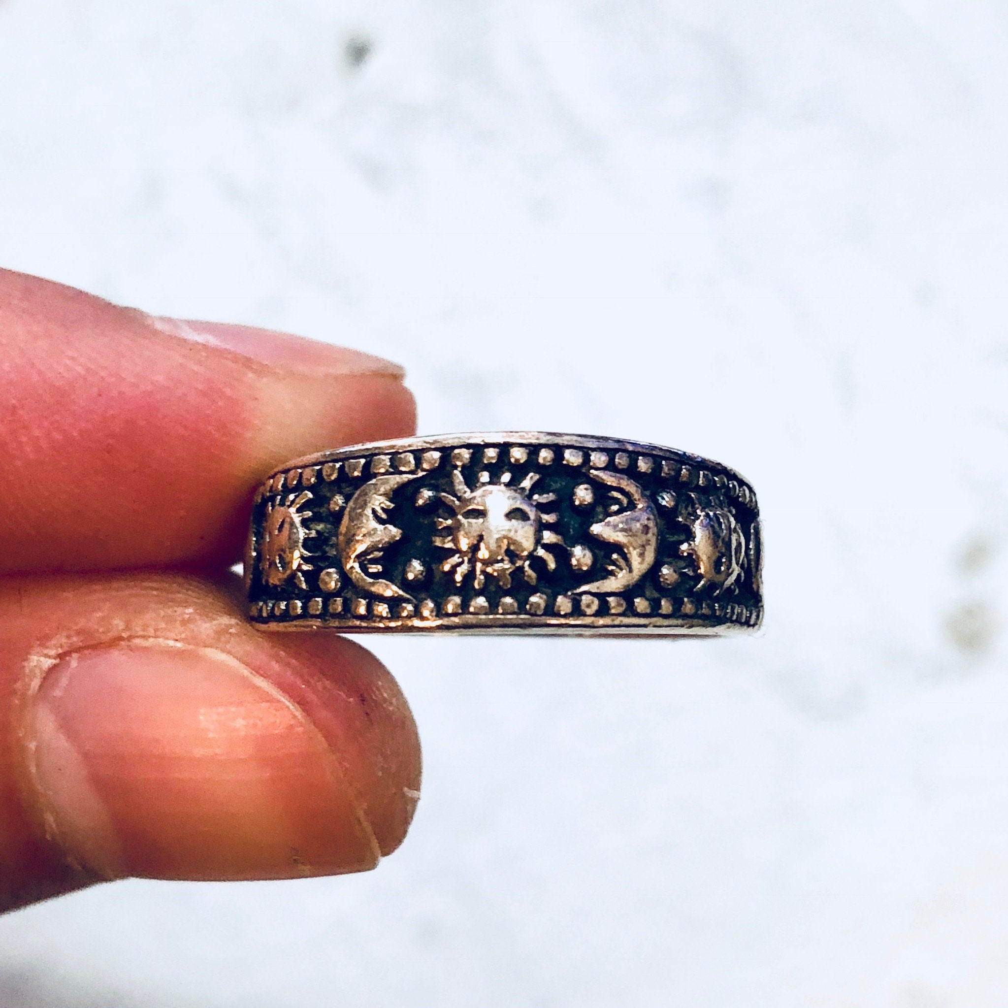 Vintage Silver Ring, Sterling Silver, Vintage Jewelry, Sun Ring, Moon Ring, Sun and Moon, Crescent Moon, Band Ring, Sun Rays, Vintage Ring