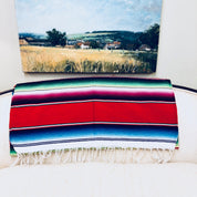 Colorful vintage Mexican blanket with red, blue, green and pink stripes, fringe detailing, placed in front of a painting of a rural farmland scene with a golden wheat field in the foreground.
